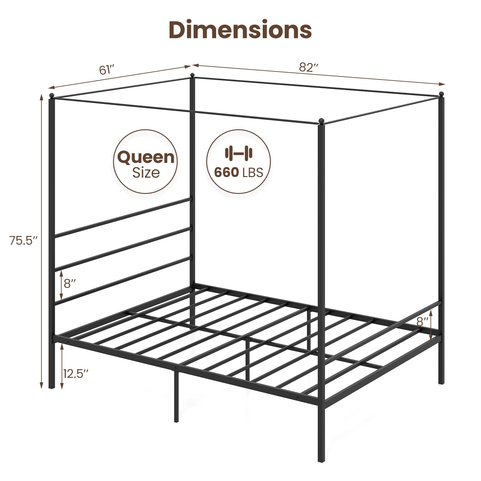 Metal Canopy Bunk Bed, Modern 4 Poster Canopied Platform Bed with Headboard