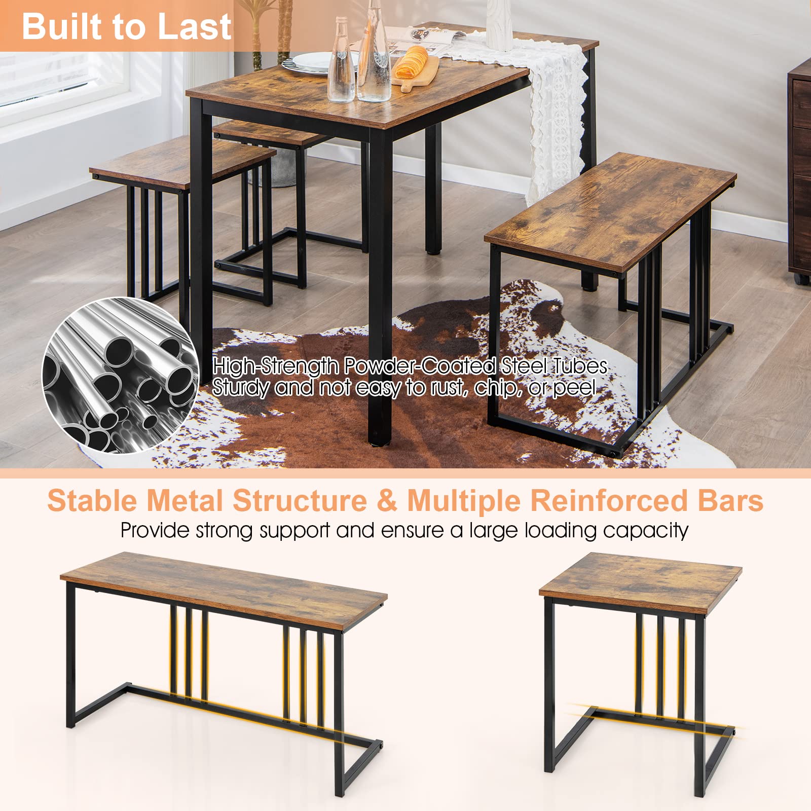 4 Piece Dining Table Set for 4 with Bench & 2 Stools, Space-Saving Desk Set