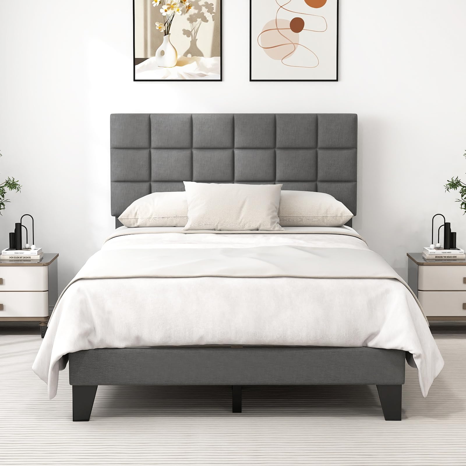 Linen Fabric Upholstered Bed Frame with Adjustable Headboard & Wooden Slat Support