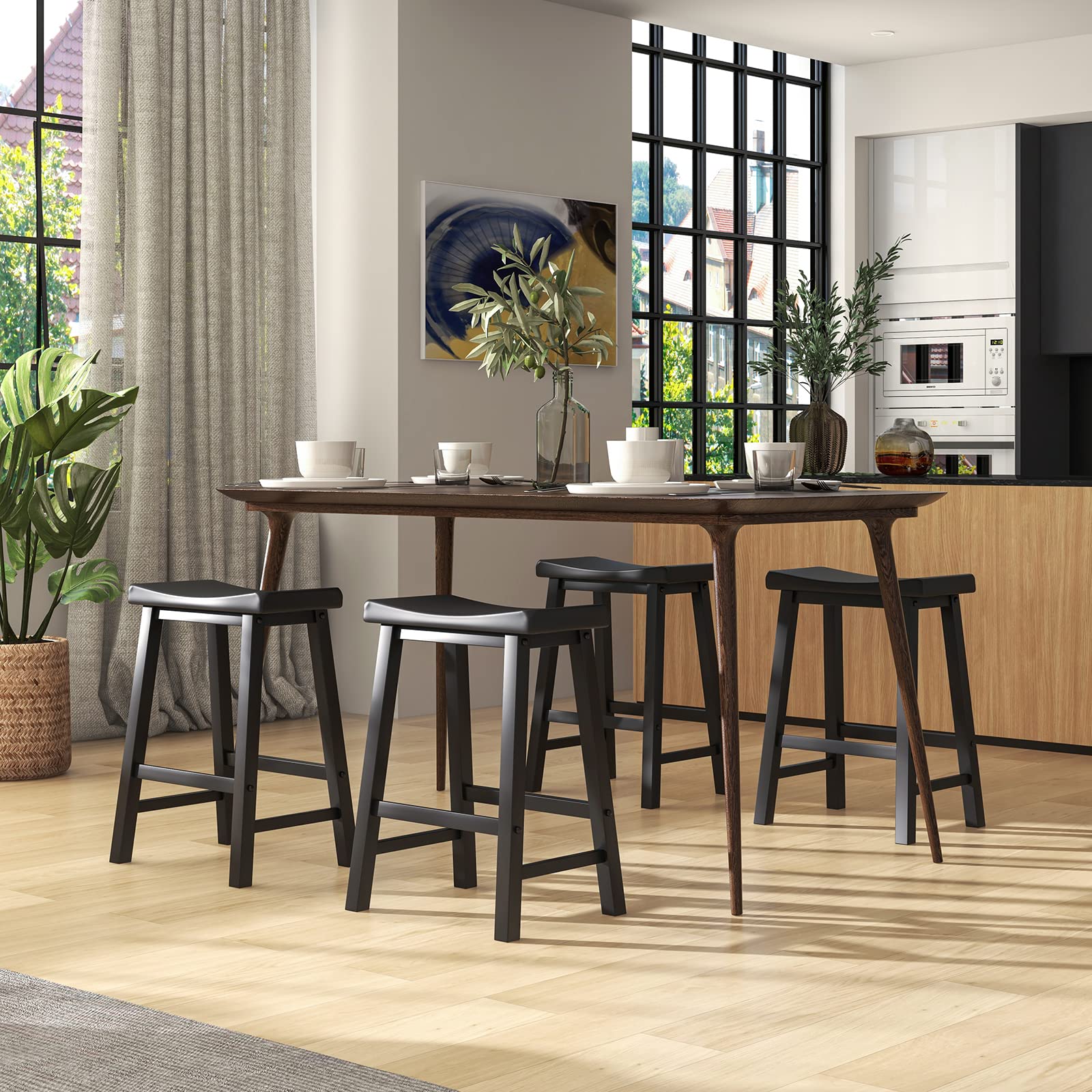 Saddle Stools Set of 2/4, 24-inch Counter Height Barstools with Solid Wood Legs & Footrests