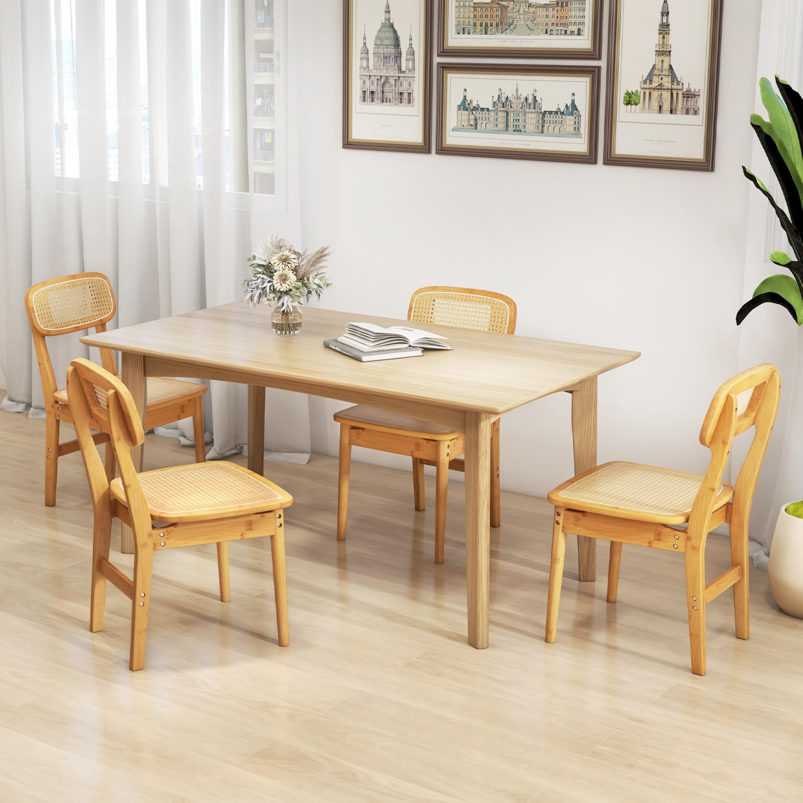 Rattan Dining Chairs Set of 2/4, Bamboo Armless Dining Room Chairs