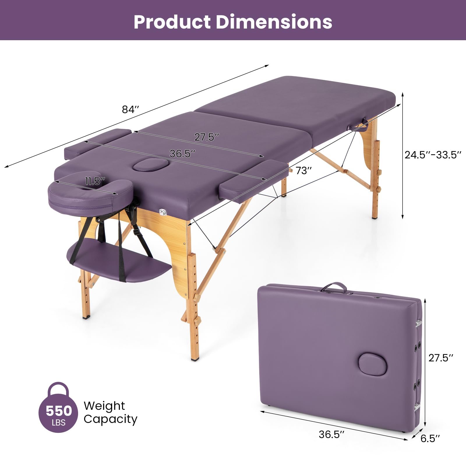 Portable Massage Bed w/Carrying Case, 2-Section Salon Spa Facial Care Tattoo Bed, Height Adjustable