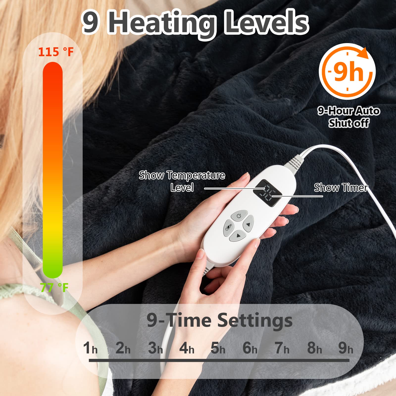 Heated Throw Blanket, Reversible Sherpa & Faux Rabbit Fur Heating Blanket w/ 10 Heat Levels, 9H Timer Auto Off, Machine Washable Blanket Warmer