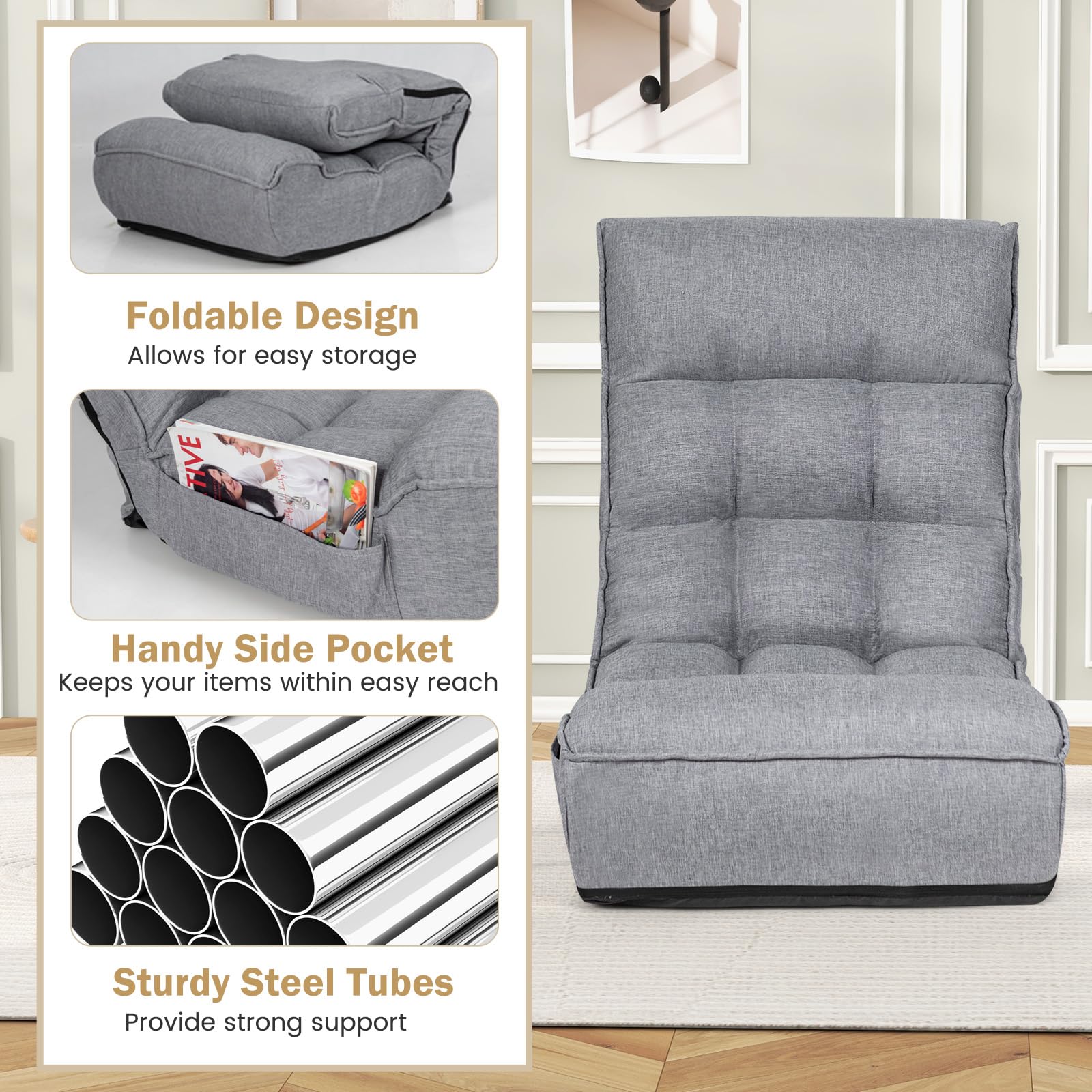 Folding Floor Gaming Chair with 4-Position Adjustable Back, 6-Position Adjustable Headrest, Side Pocket