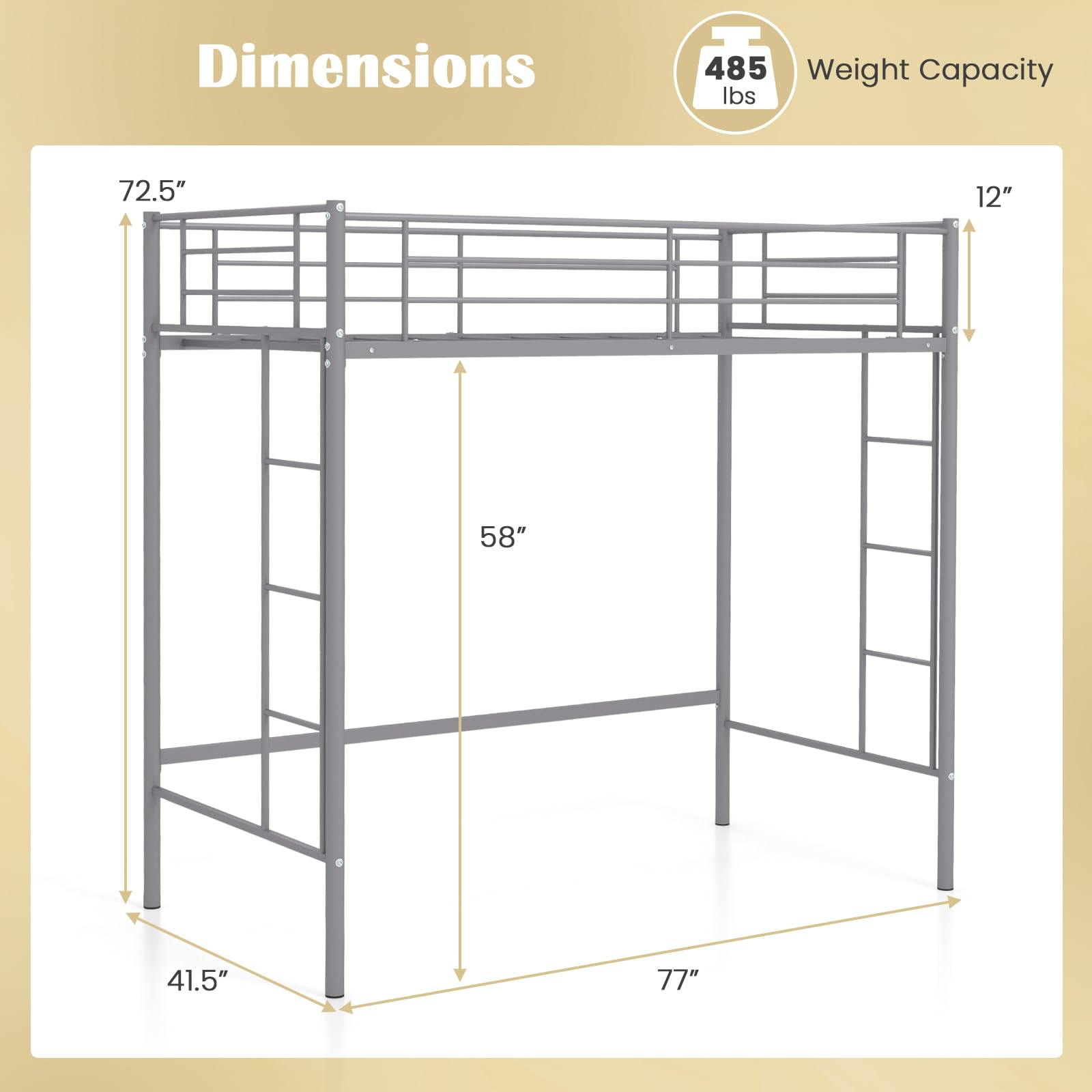 Twin Size Metal Loft Bed with Both Side Ladders & Safety Guardrails