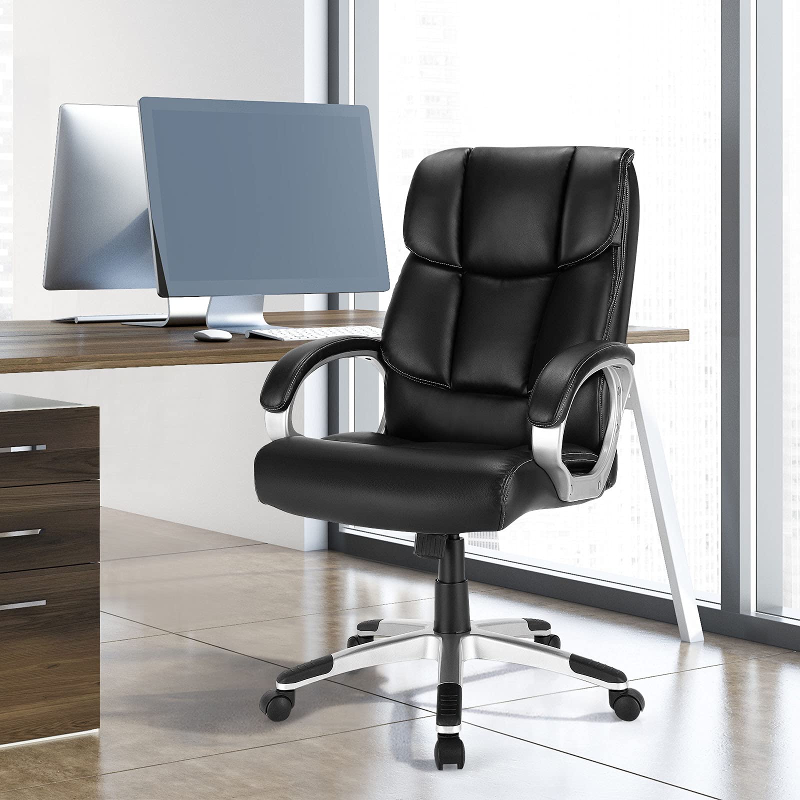 Executive Office Chair, Leather High Back Managerial Chair, Big and Tall Desk Chair with Soft Padded Armrest