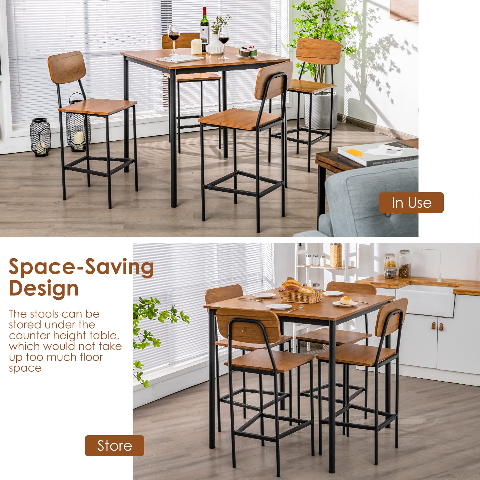5 Piece Dining Table Set with Counter Height Table & 4 Bar Stools, Industrial Kitchen Dining Table Set  with Footrest & Backrest