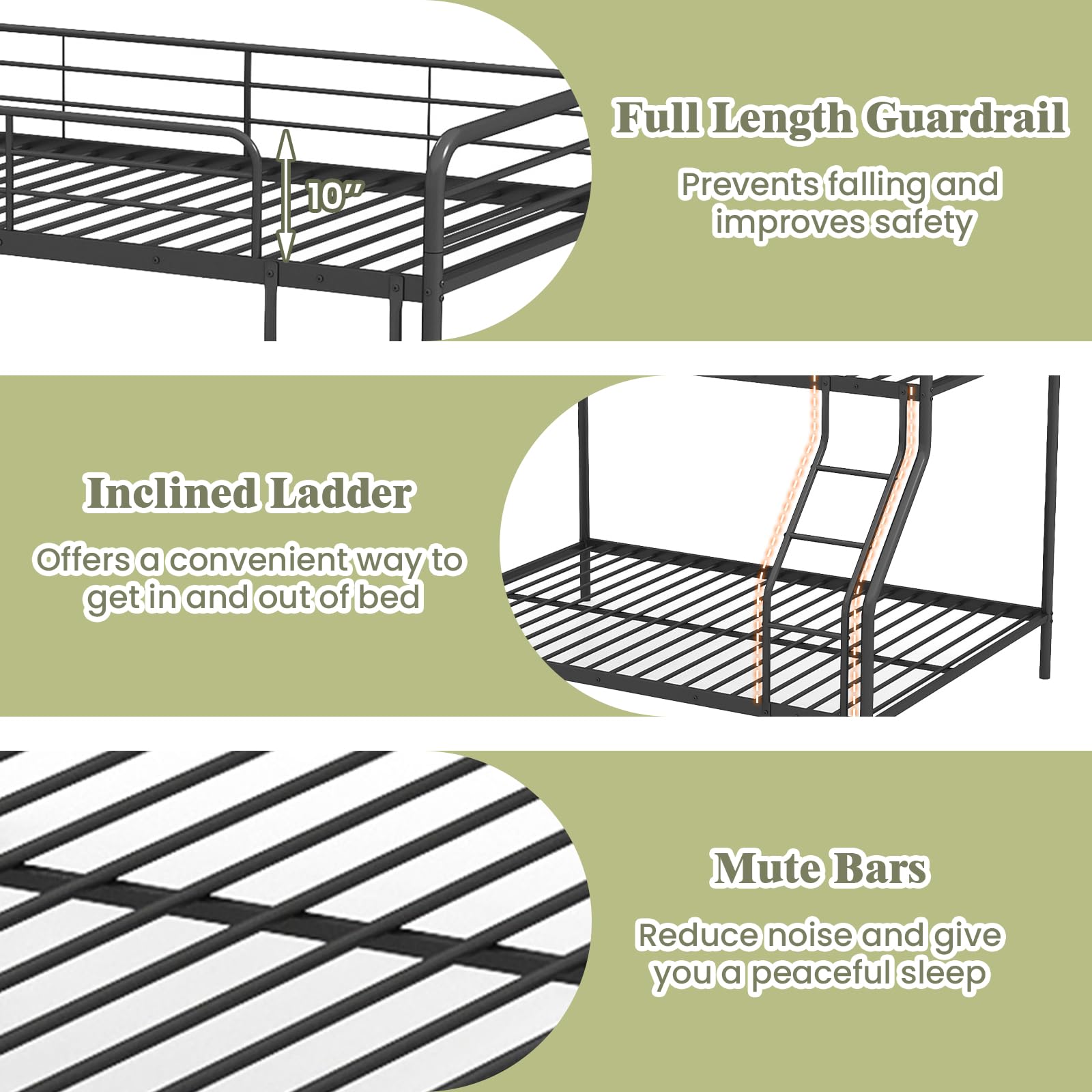 Twin Over Full Metal Bunk Bed with Inclined Ladder, Safety Guardrail