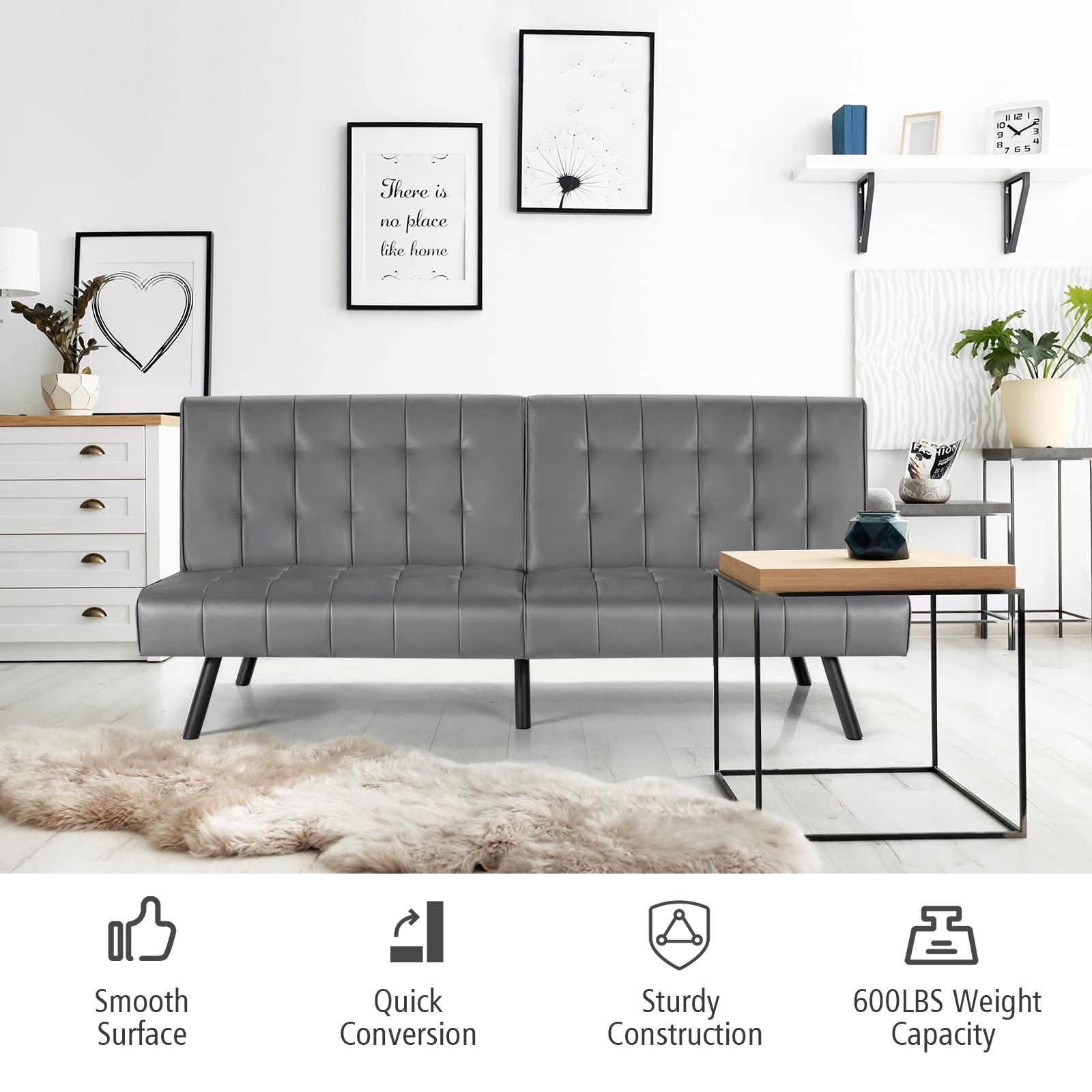 Faux Leather Futon Sofa Bed with Adjustable Backrest