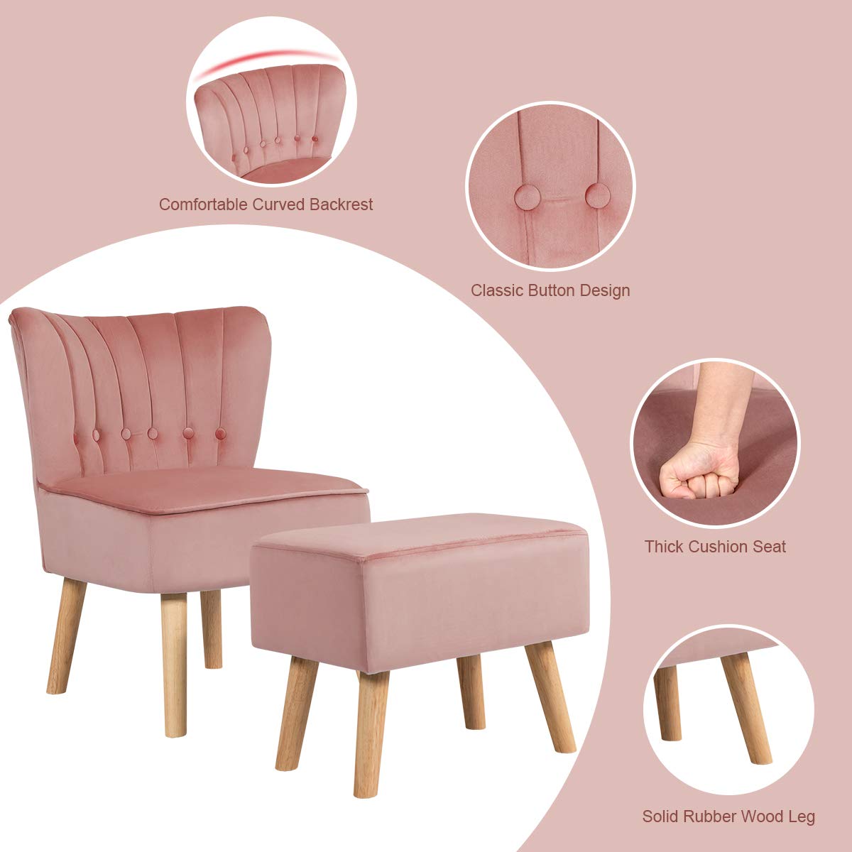 Modern Accent Chair Ottoman Set, Armless Slipper Sofa Chair with Footstool