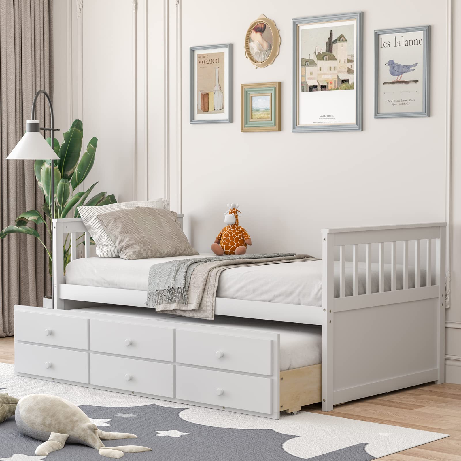Twin Size Wooden Captain Daybed with Trundle and 3 Storage Drawers
