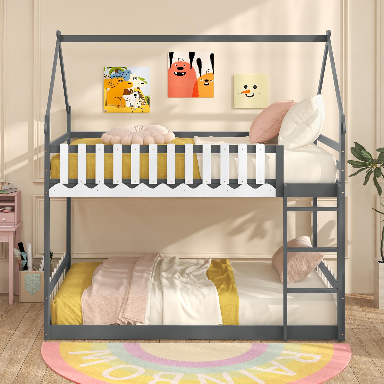 Wood Twin Over Twin House Bunk Bed, Solid Wood Low Bunk Bed with Ladder, Safety Guardrails & Fences