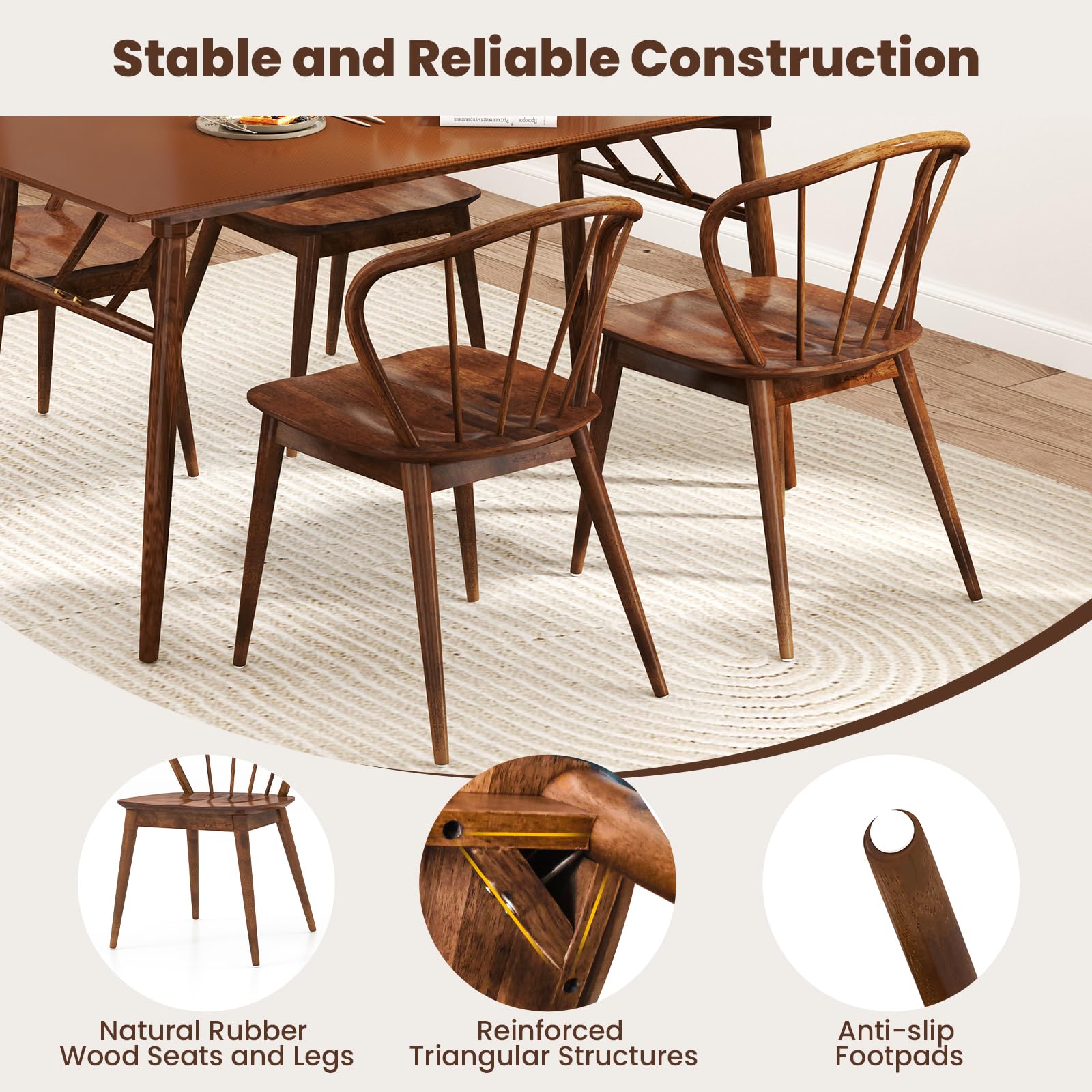 Wooden Dining Chairs Set of 2/4, Windsor Kitchen Chairs w/High Spindle Back & Rubber Wood Legs, Wide Seat & Curved Backrest