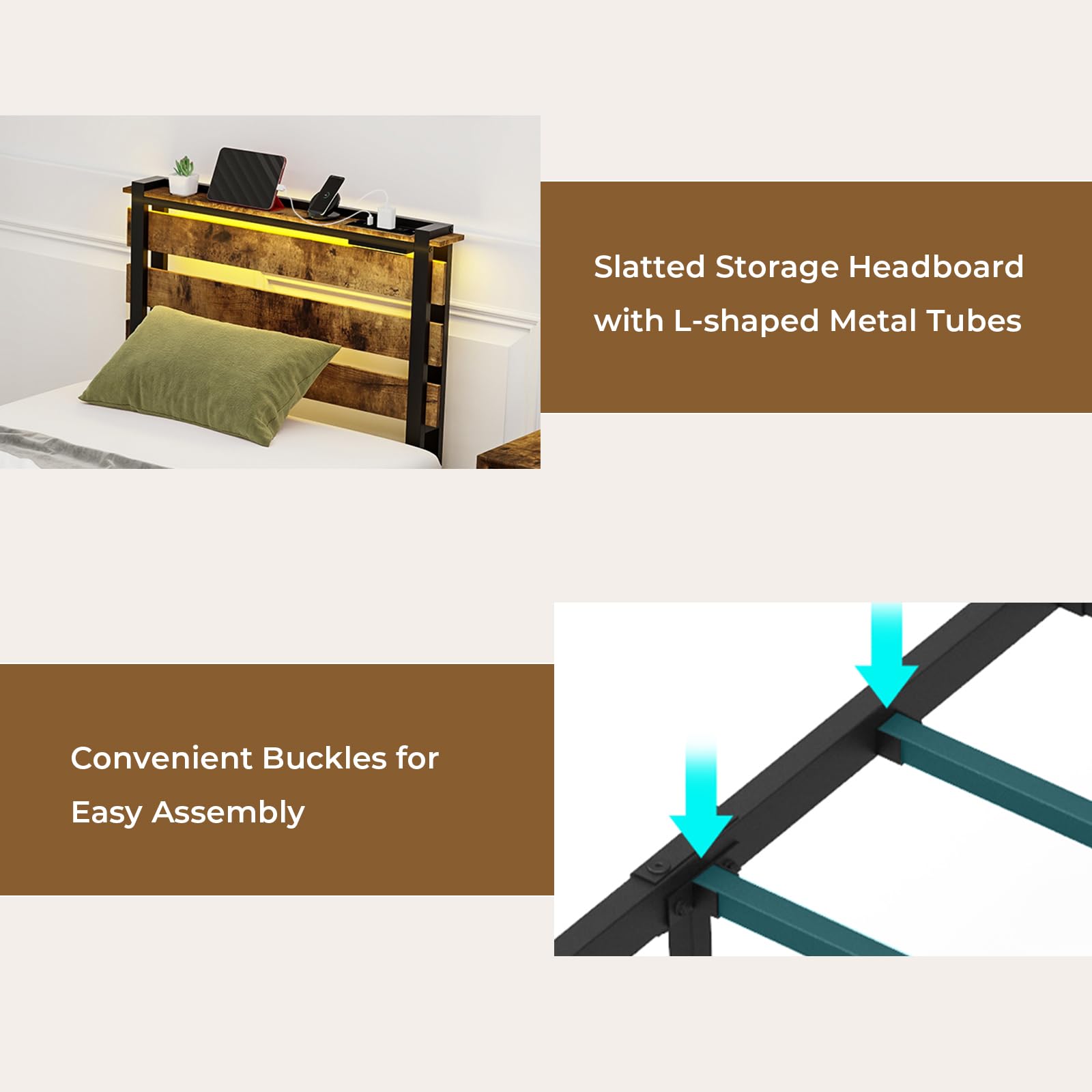 Industrial Bed Frame with 4 Drawers & LED Lights Headboard