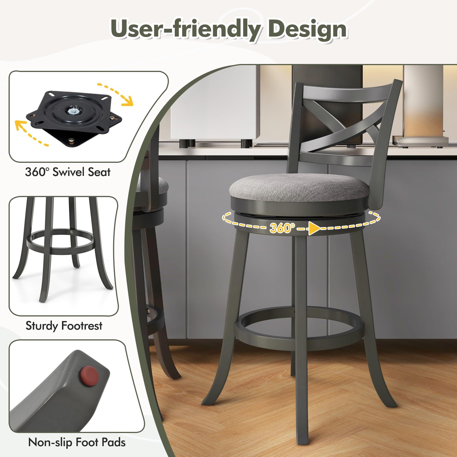 Wood Swivel Bar Stools Set of 2/4, Counter Height Swivel Chairs with Hollow Back & Soft-Padded Seat