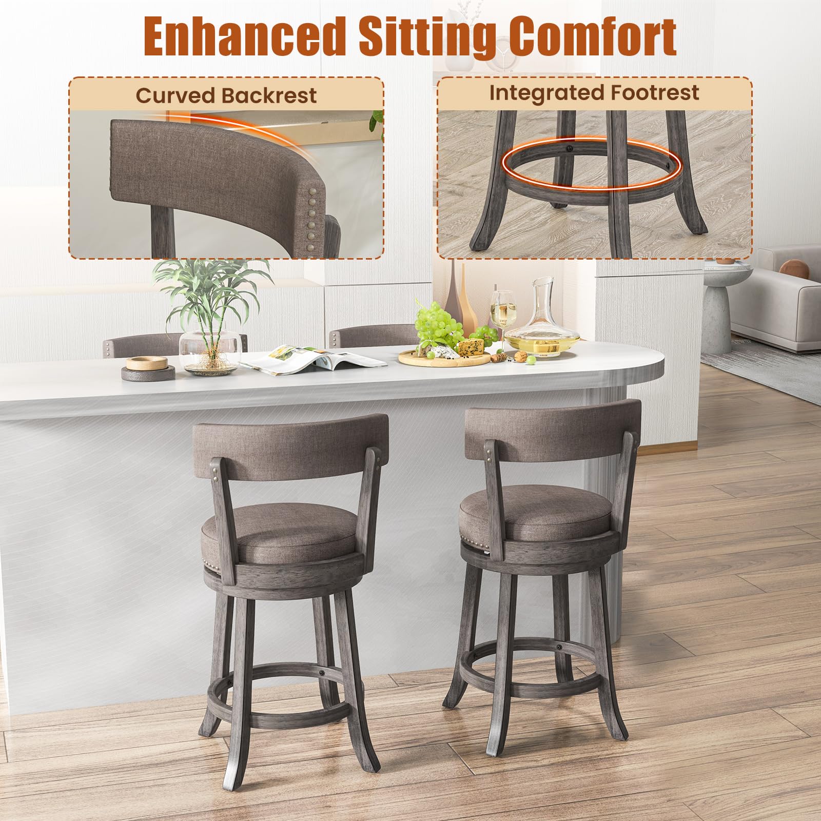 Swivel Counter Height Bar Stools Set of 2/4 with Footrest, Rubber Wood Frame