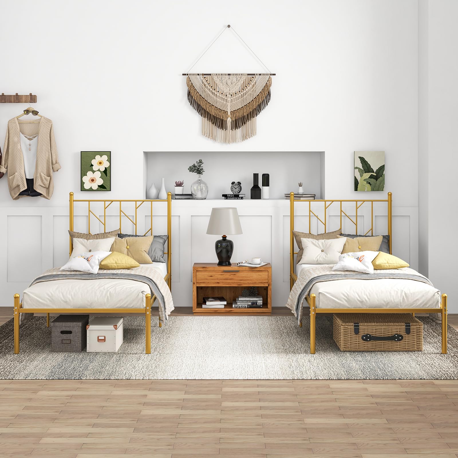 Metal Bed Frame with Victorian Style Headboard, 14 Metal Slats Support