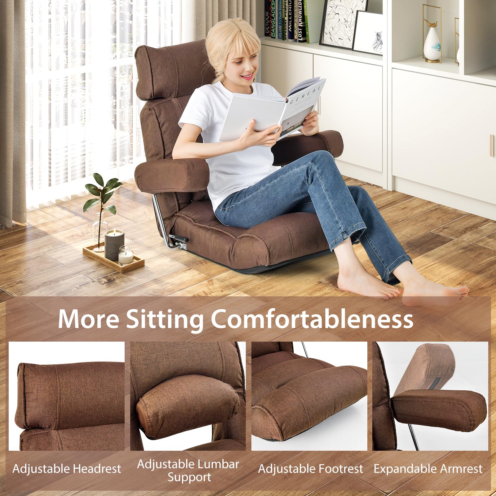 Adjustable Folding Floor Sofa Chair, Upholstered Indoor Chaise Lounge with 6-position