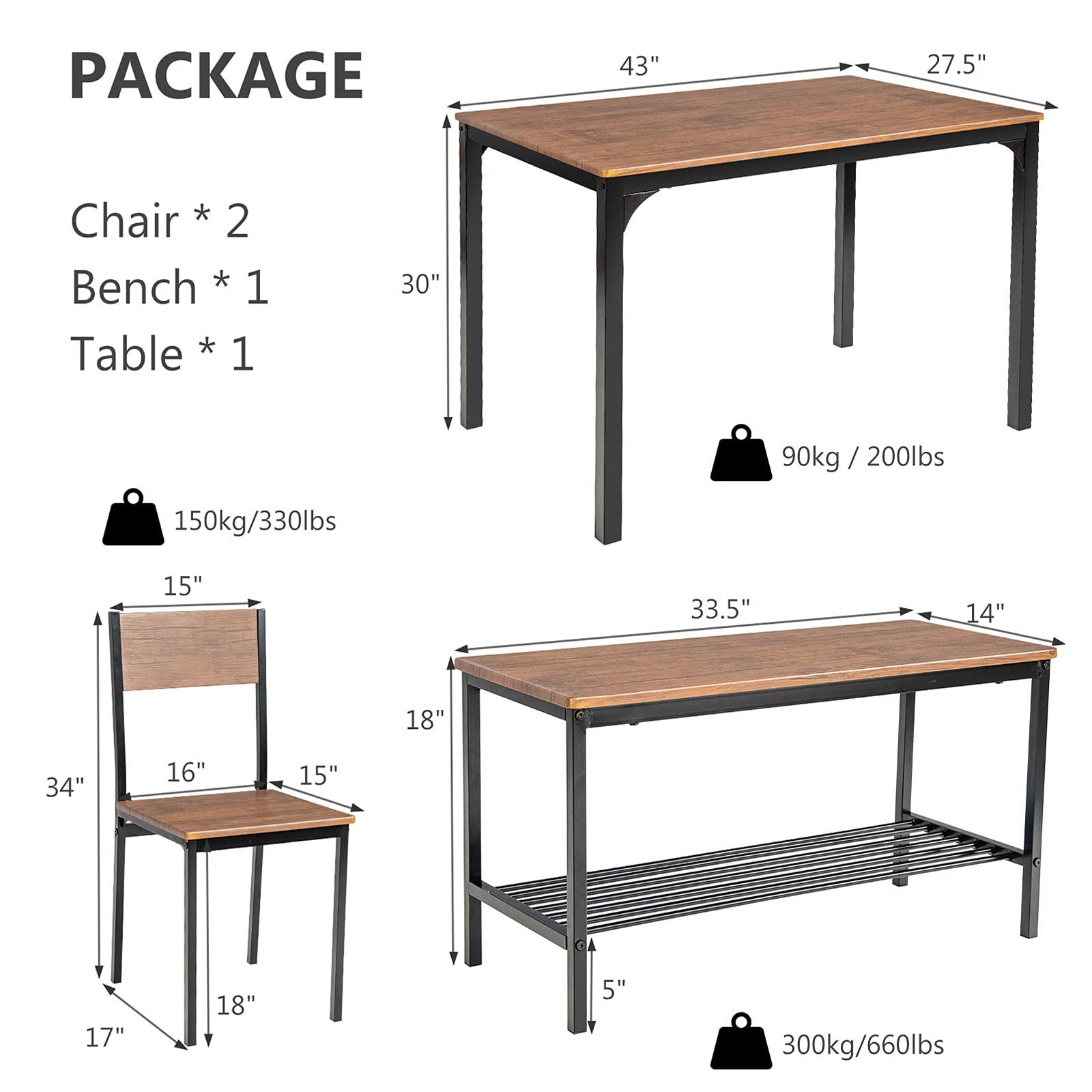 Dining Table Set for 4, Industrial Gathering Bench Dining Set W/Metal Frame & Storage Rack