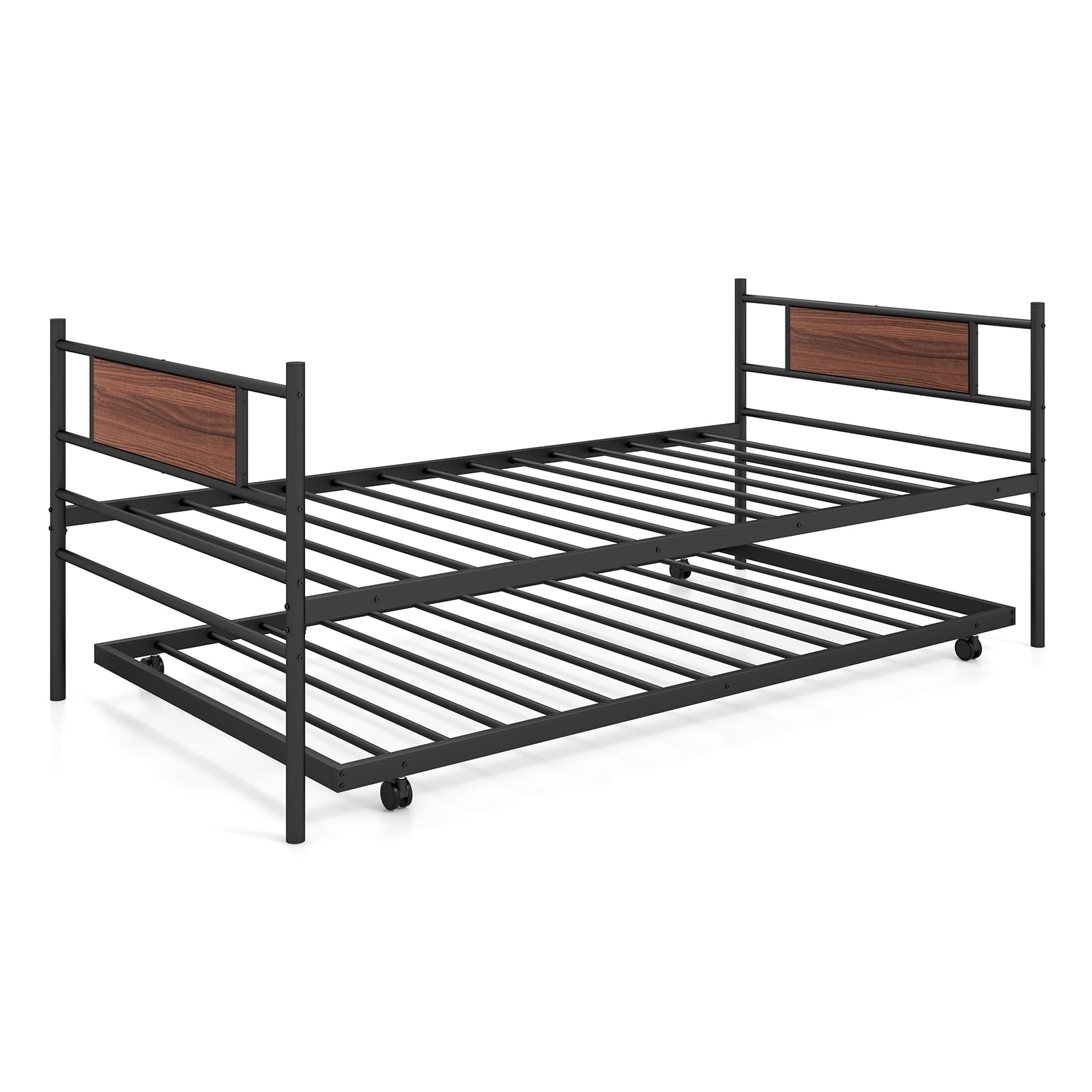 Twin Size Metal Daybed with  Trundle, Wood Grain Headboard & Metal Slat Support