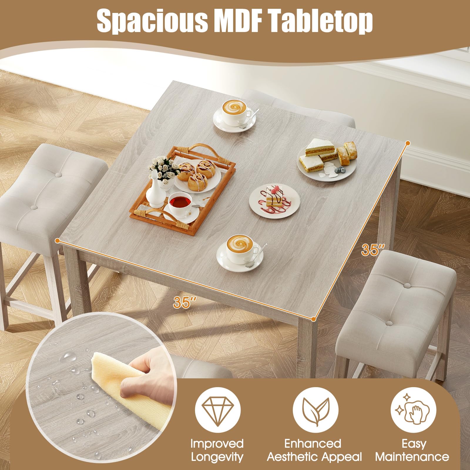 5-Piece Bar Table Set, Square Breakfast Set for 4 w/Padded Stools