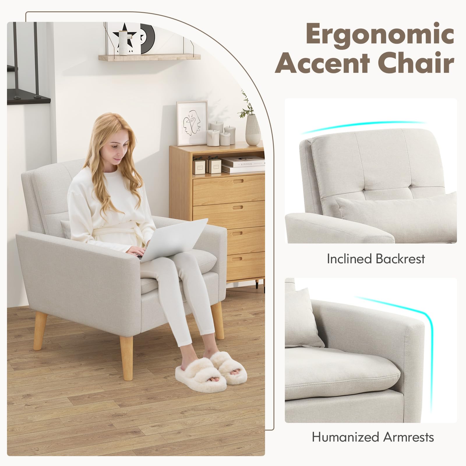Modern Linen Accent Chair, Upholstered Tufted Armchair with Lumbar Pillow, Rubber Wood Legs, Padded Cushion