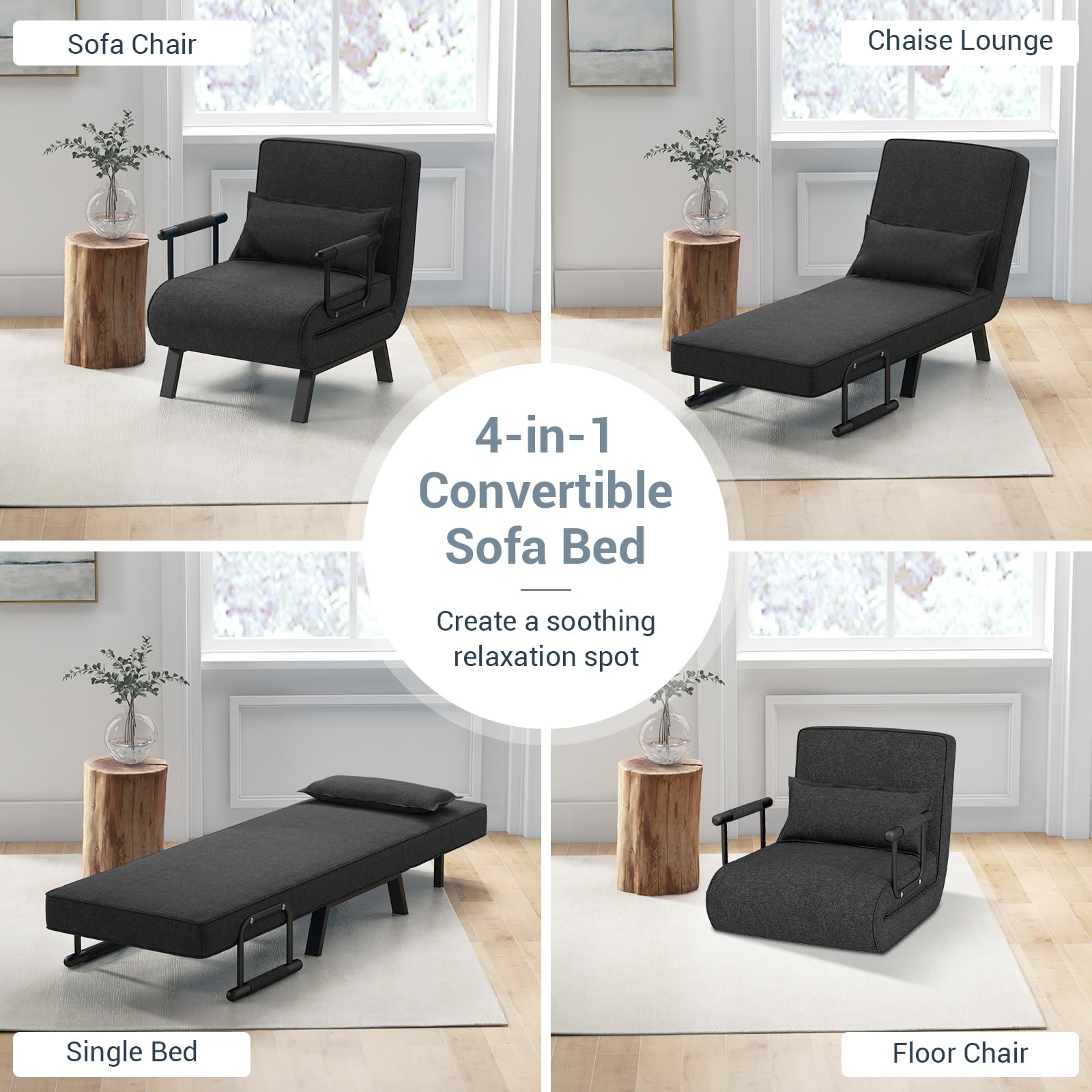 Convertible Upholstered Sleeper Chair Bed with Pillow, 4-in-1 Folding Sofa Bed with 6-Position Adjustable Backrest