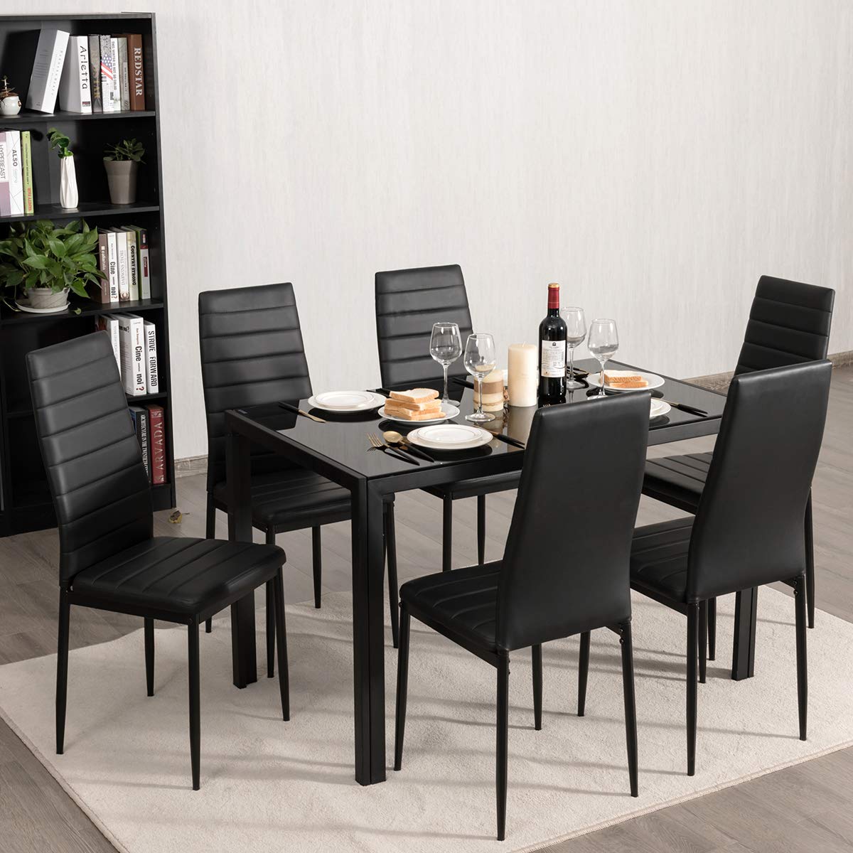 Black Polyvinyl Chloride Metal Dining Chair Set of 6 - Ergonomic High Back, Soft Padded Seat and Back
