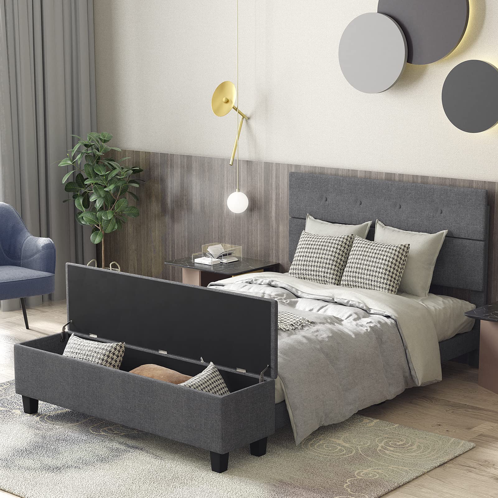 Full/Queen Size Upholstered Bed Frame with Ottoman Storage