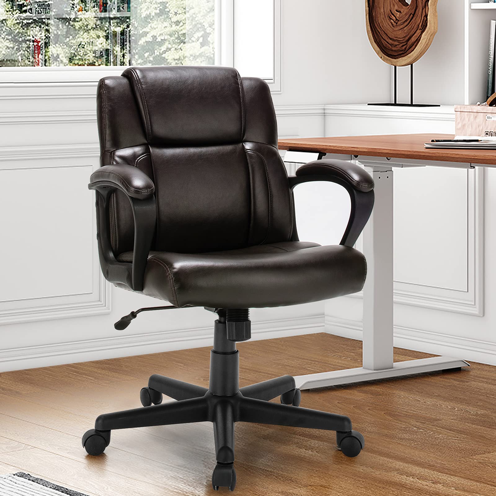 Leather Modern Executive Chair, Ergonomic Mid Back Computer Desk Chair w/Padded Armrests