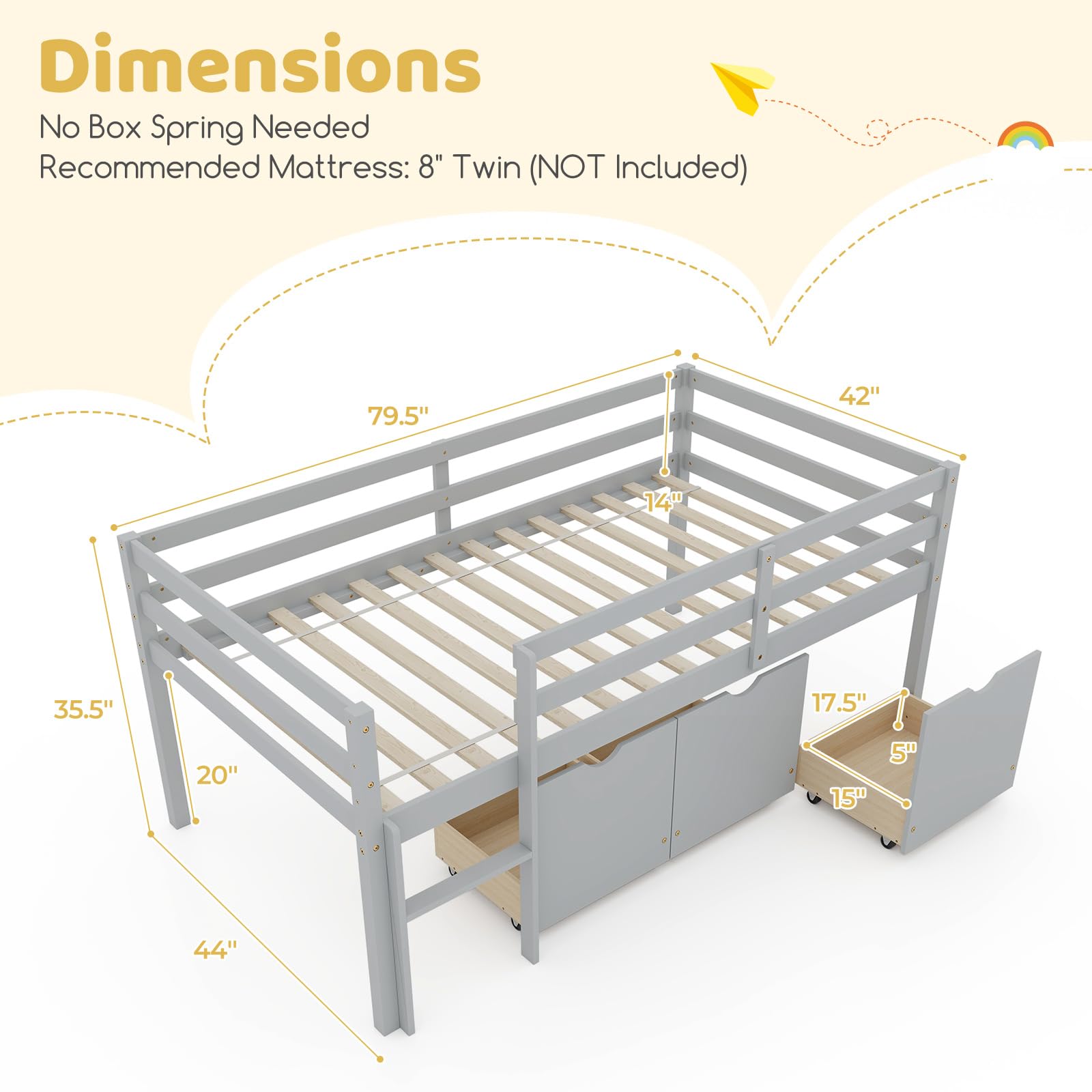 Twin Low Loft Bed with 3 Storage Drawers