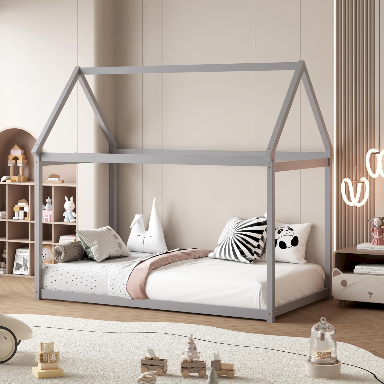 Twin Size House Bed for Kids, Solid Wood Platform Floor Bed with Roof & Multiple Slats