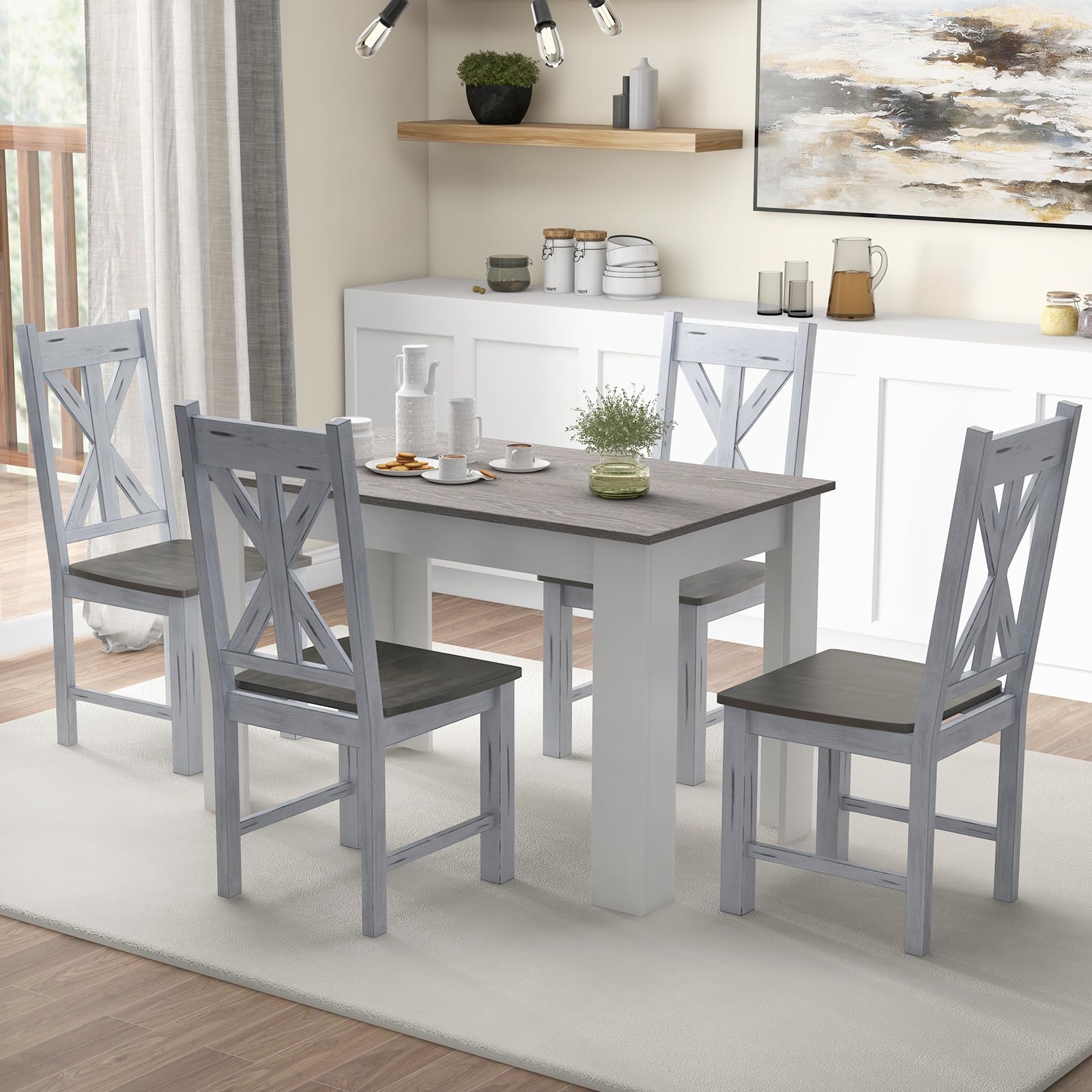 Retro Wooden Dining Chairs Set of 2/4, Farmhouse Kitchen Chairs w/Rubber Wood Frame, Elegant Hollowed Backrest