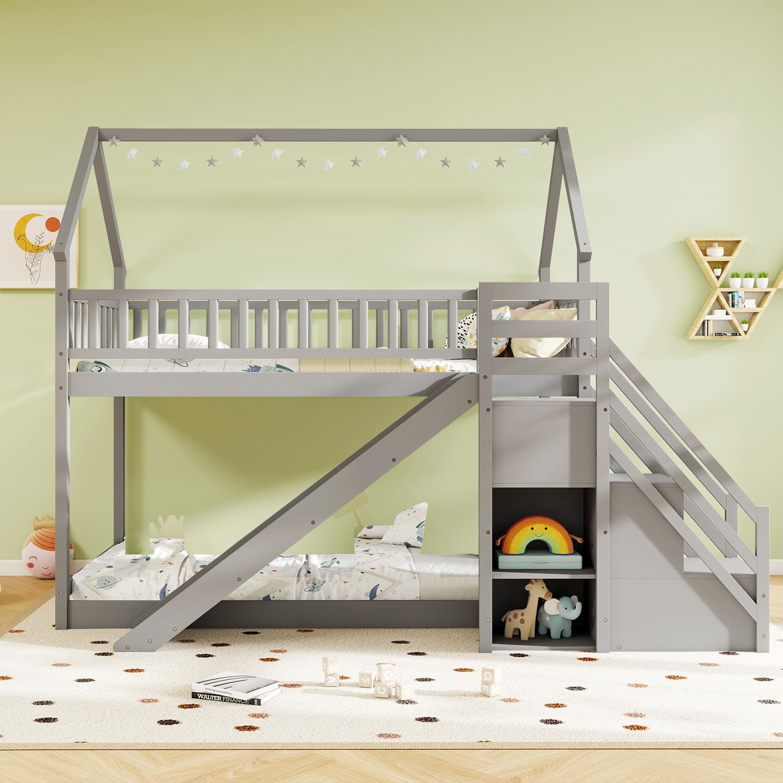 Twin Over Twin  Wood House Bunk Bed with Slide & Stairs, Storage Shelves