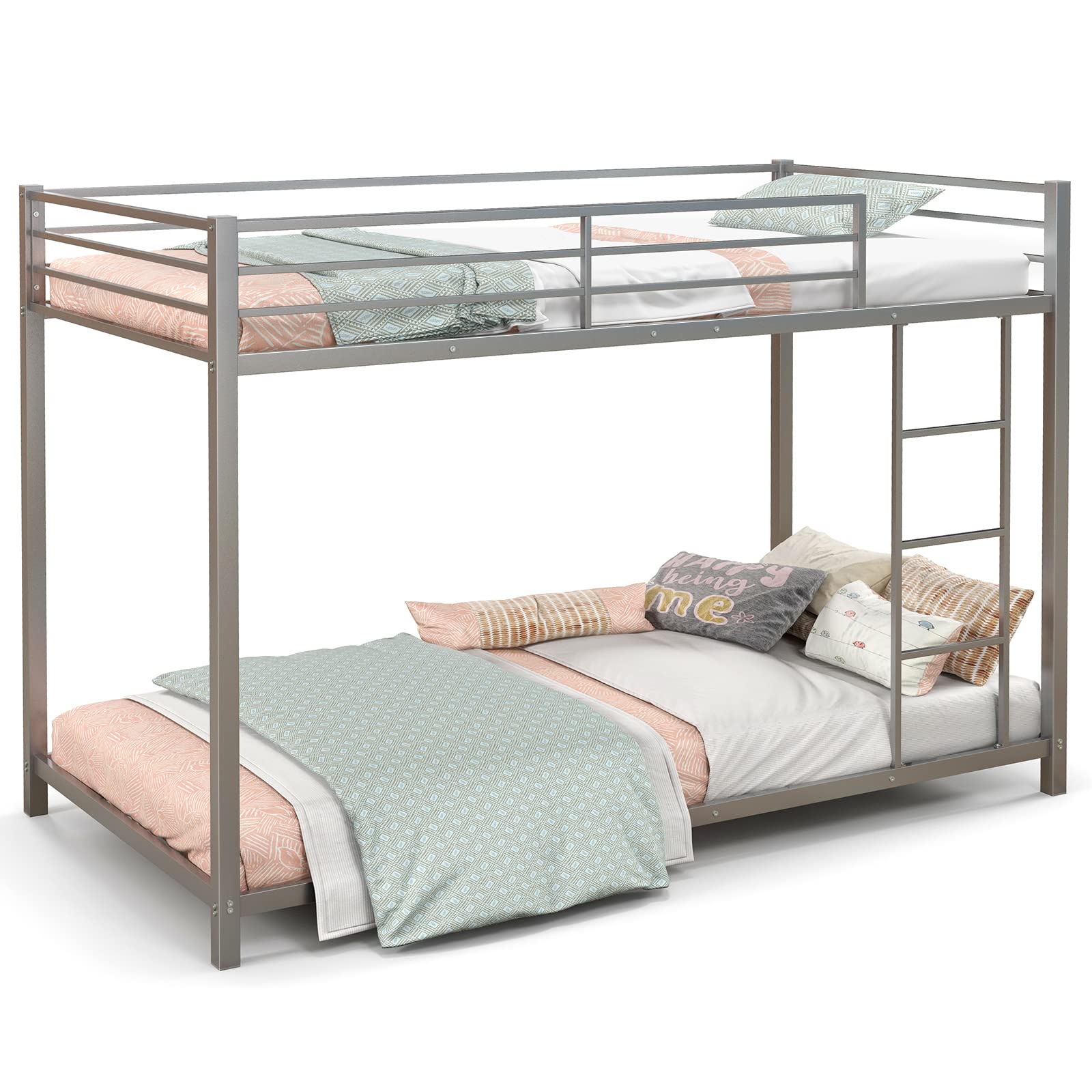Twin Over Twin Metal Low Floor Bunk Bed with Safety Guard Rail & Ladder
