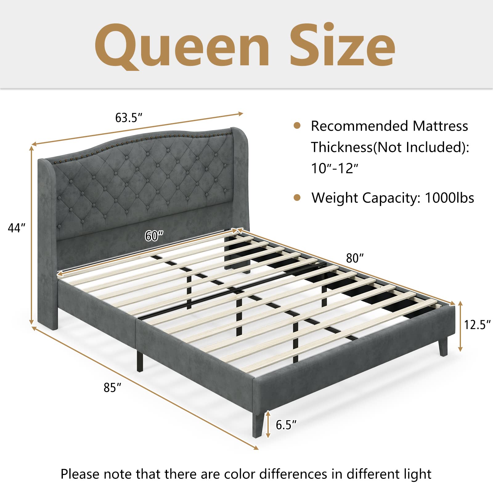 Full/Queen Size Velvet Upholstered Platform Bed Frame with Button Tufted Headboard