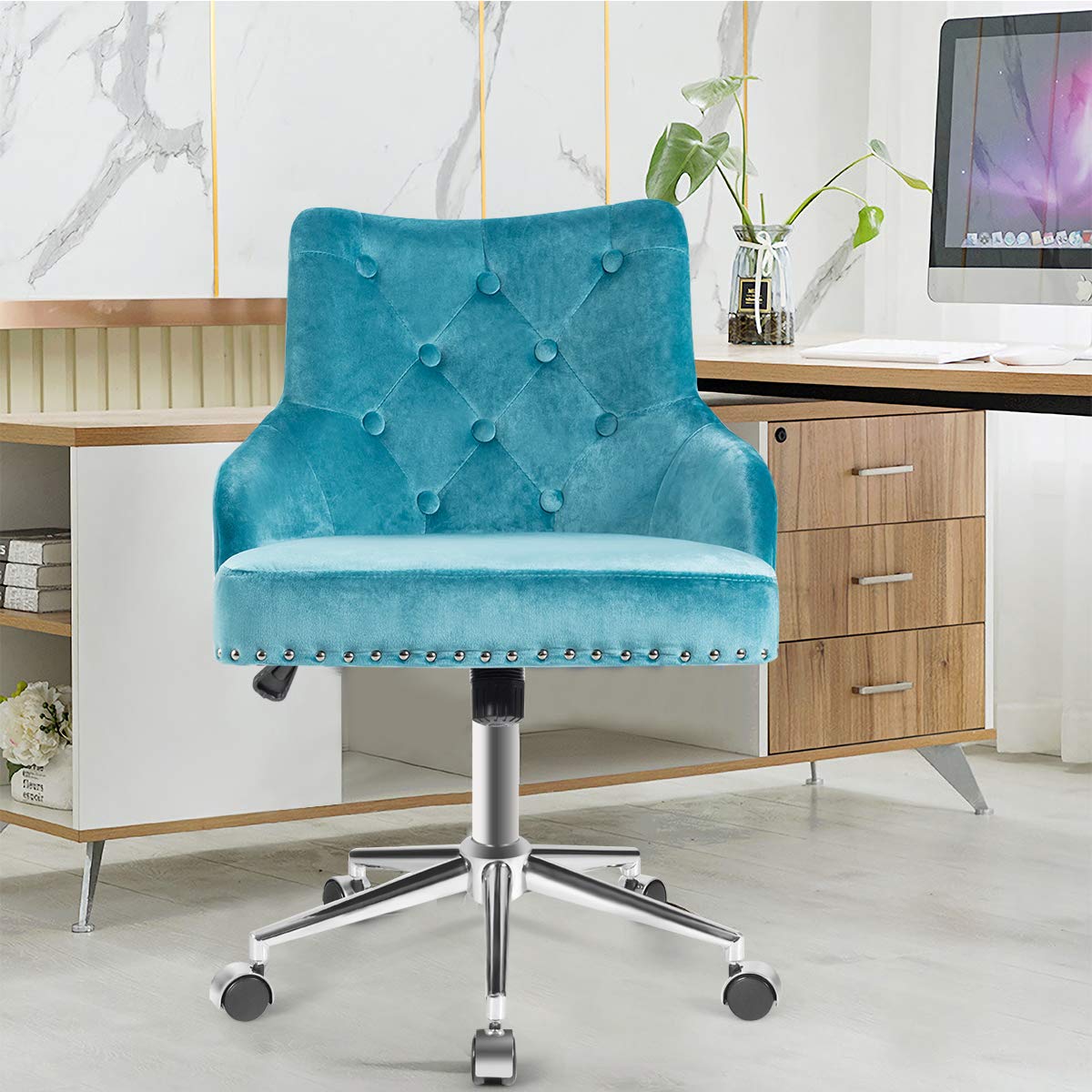 Modern Home Office Chair, Tufted Velvet Swivel Armchair with Nailhead Trim