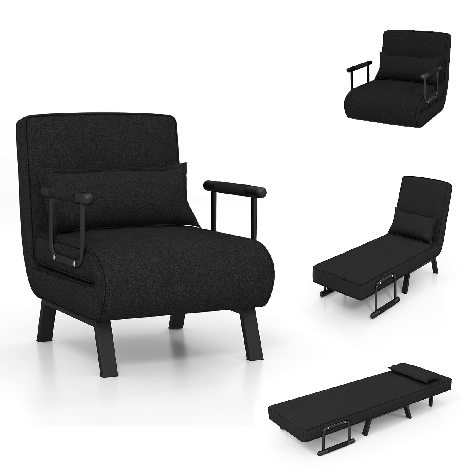 Convertible Upholstered Sleeper Chair Bed with Pillow, 4-in-1 Folding Sofa Bed with 6-Position Adjustable Backrest