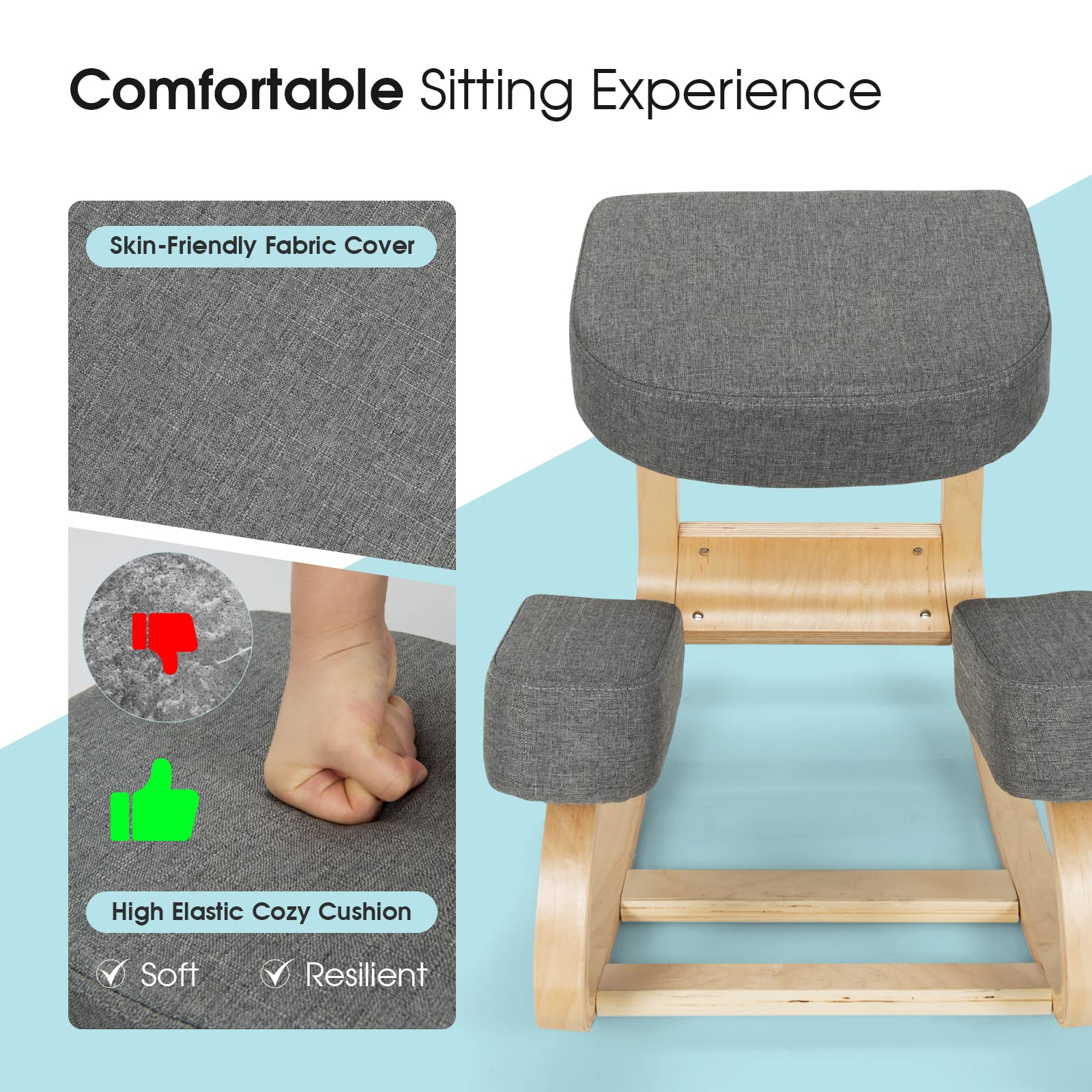Kneeling Chair, Wood Posture Chair, Max Load 330 Lbs, Rocking Knee Chair with Soft Cushion
