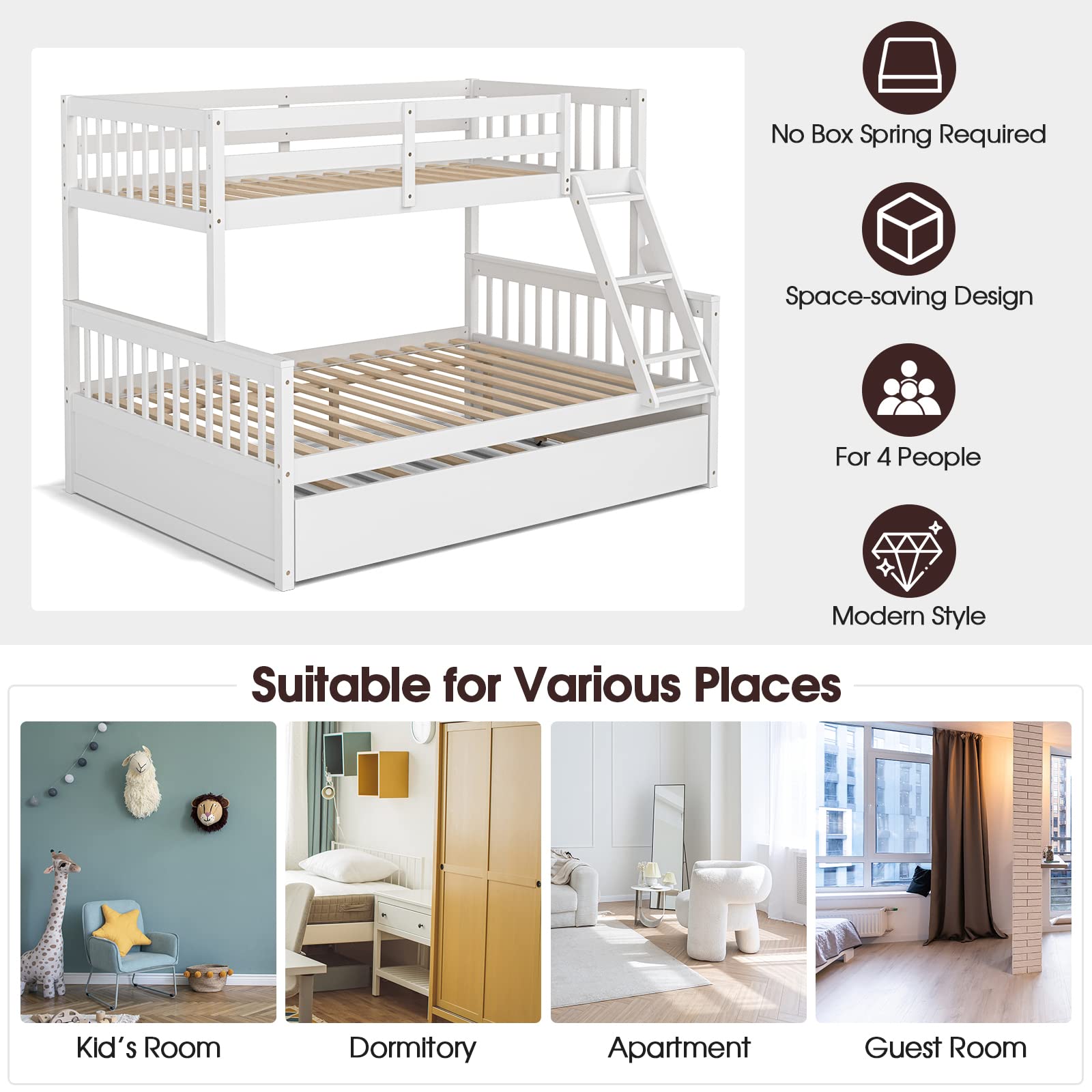 Wood Twin Over Full Bunk Bed with Solid Pine Wood Frame