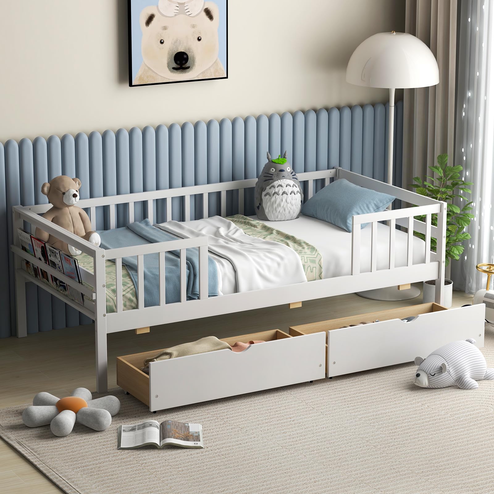 Wood Twin Bed Frame with Fence Rails & 2 Pull-Out Drawers