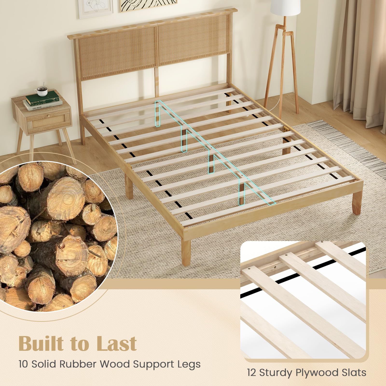Wood Platform Bed Frame with Rattan Headboard, Wooden Slats & Under-Bed Storage