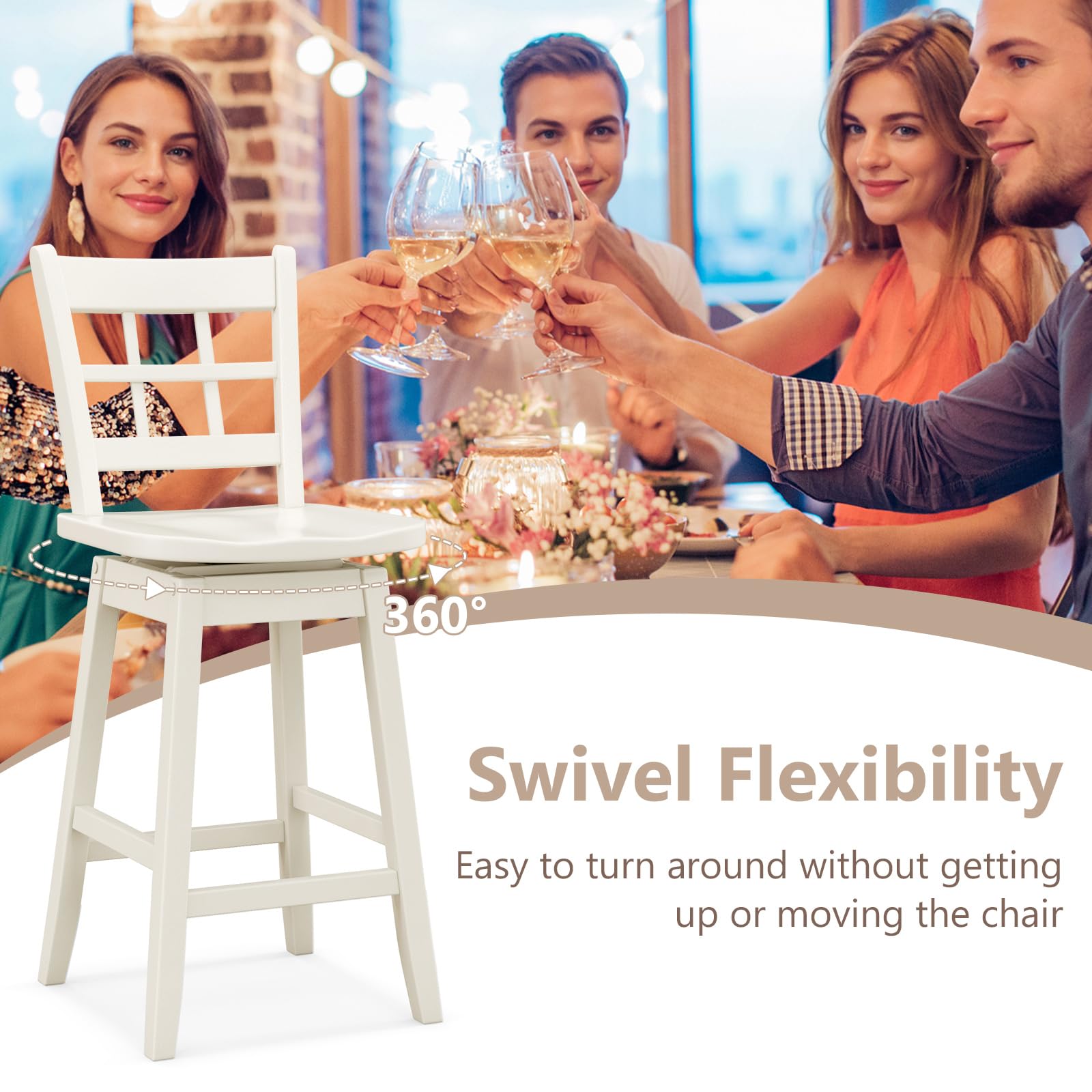 24.5" Bar Stools Set of 2/4, Farmhouse Swivel Barstools with 6-Grid Hollow Back & Ergonomic Contoured Seat, Footrest