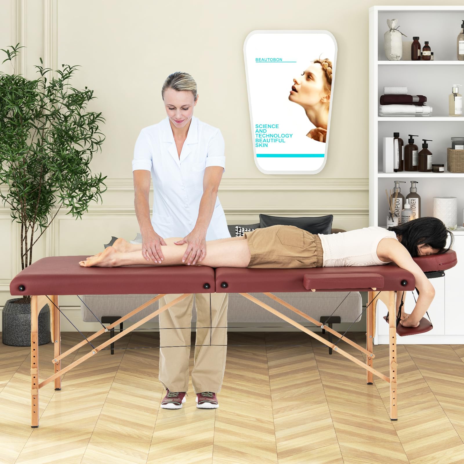 Portable Massage Bed w/Carrying Case, 2-Section Salon Spa Facial Care Tattoo Bed, Height Adjustable