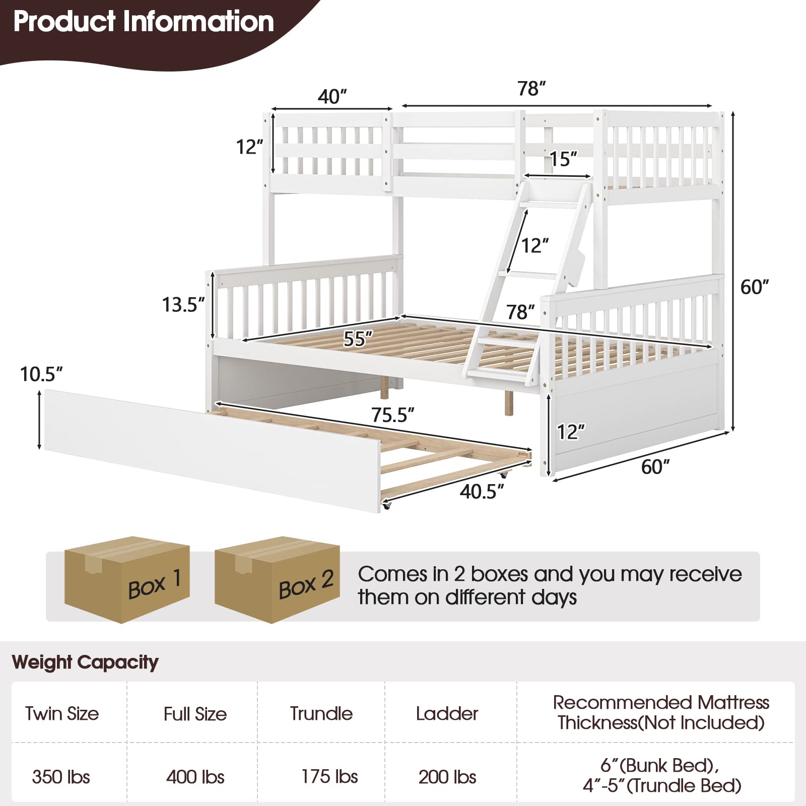 Wood Twin Over Full Bunk Bed with Solid Pine Wood Frame