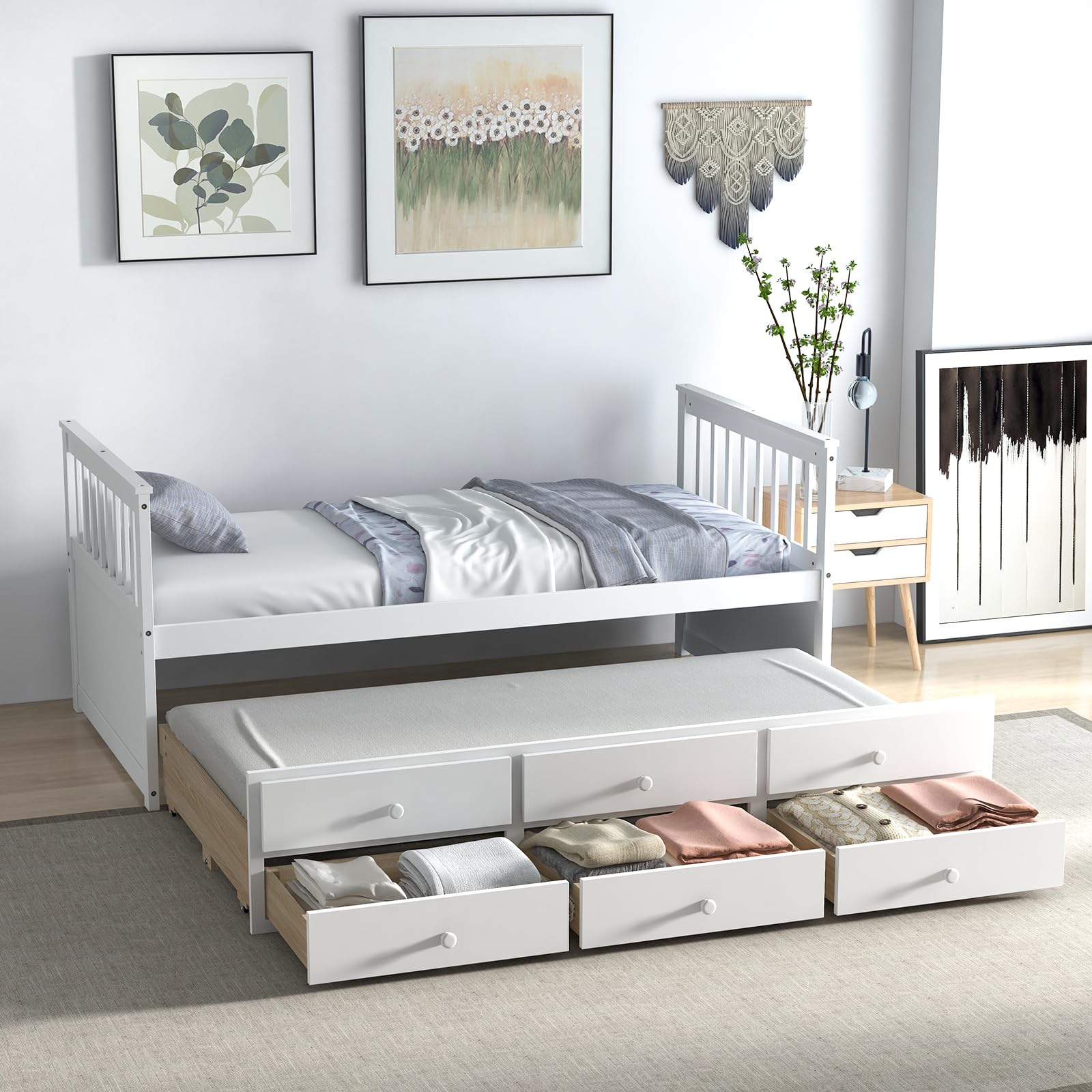 Twin Size Wooden Captain Daybed with Trundle and 3 Storage Drawers