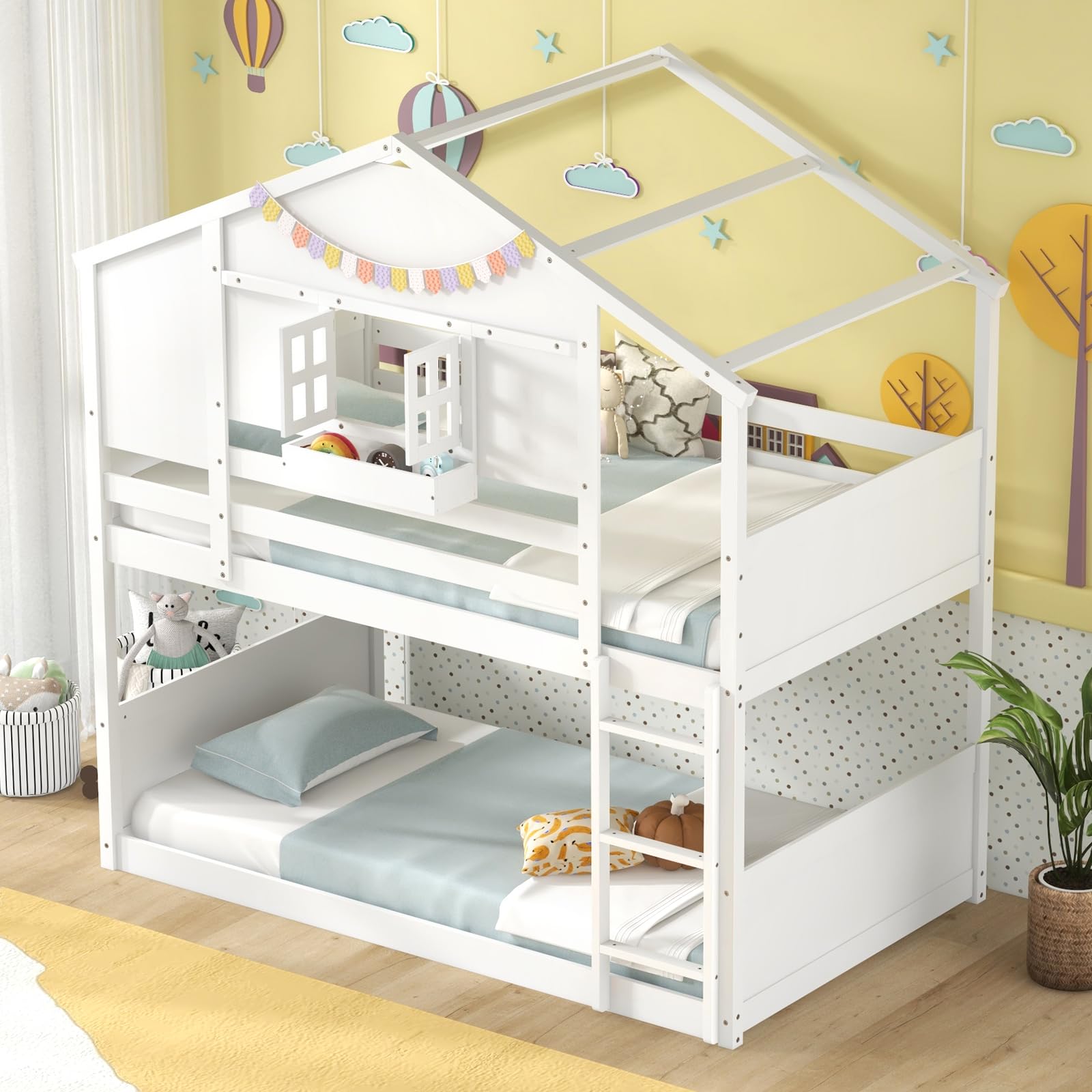 Twin Over Twin Wood House Bunk Bed for Kids with Roof, Window Door, Storage Box, Safety Guardrails, Wood Slats & Ladder