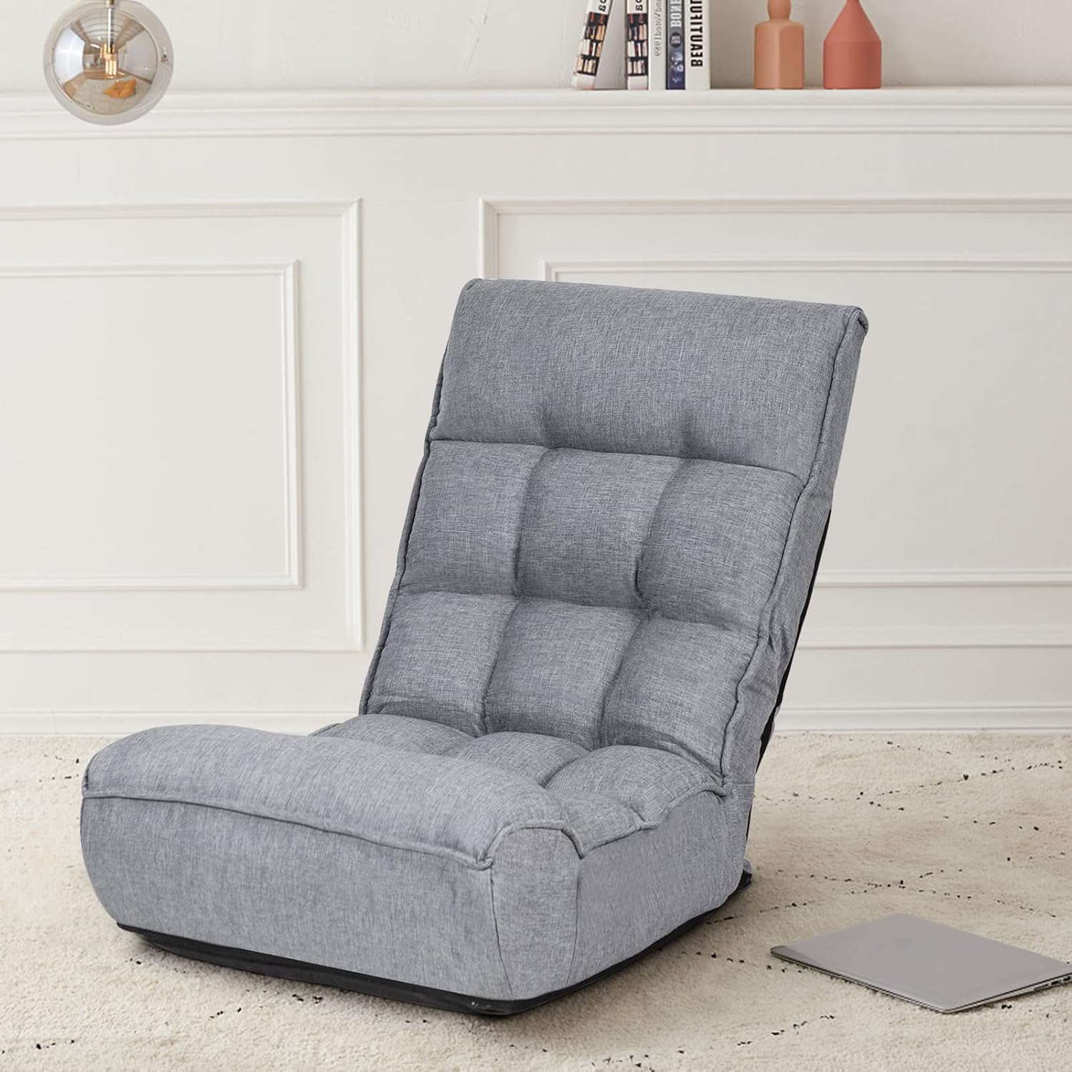 Folding Floor Gaming Chair with 4-Position Adjustable Back, 6-Position Adjustable Headrest, Side Pocket