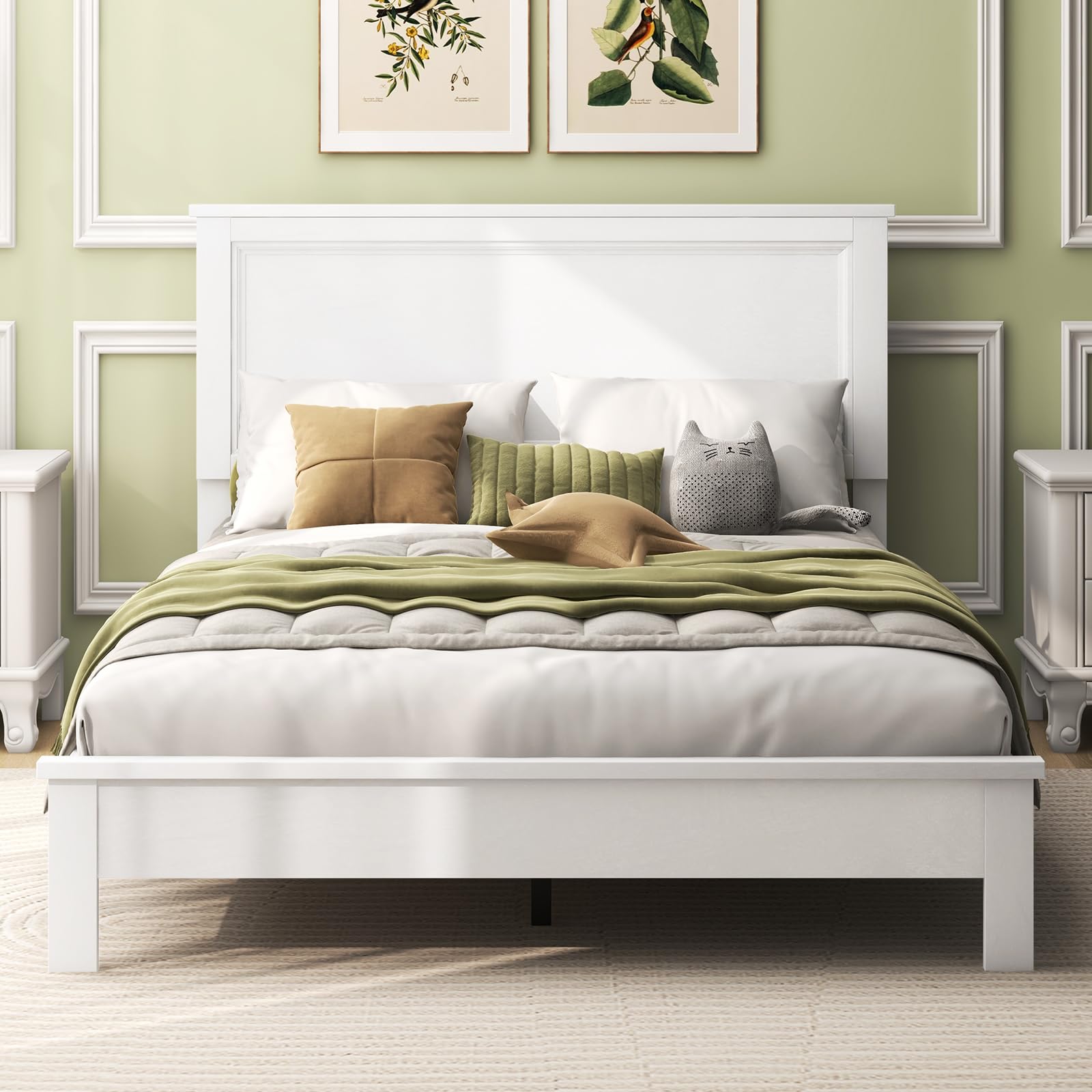 Wood Platform Bed Frame with Headboard, Mid Century Platform Bed Frame with Solid Wood Legs & Wooden Slat Support