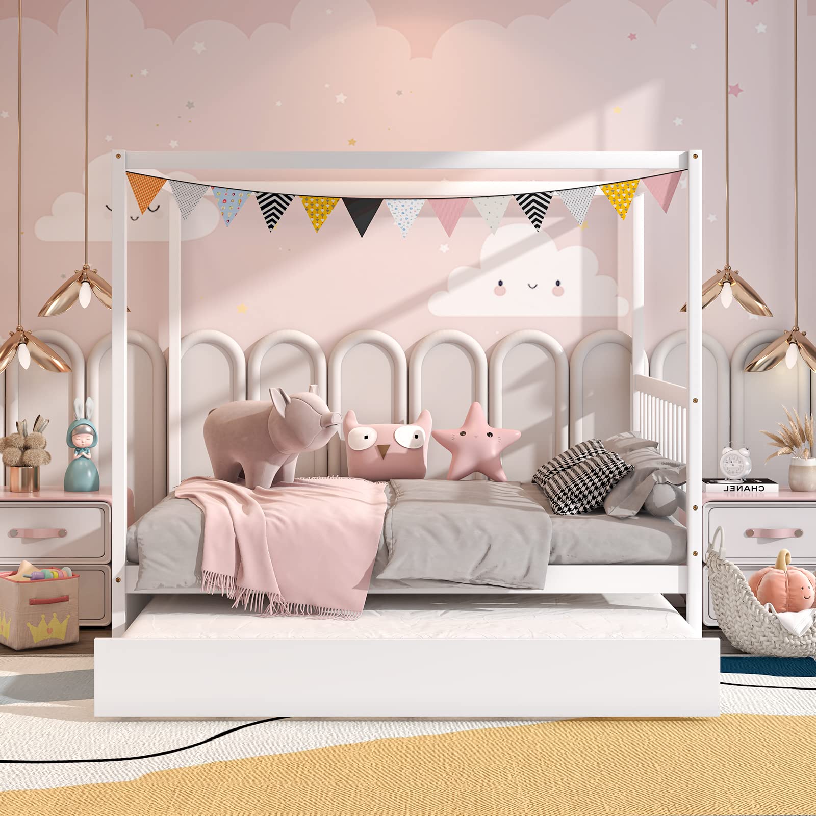 Wood Canopy Bunk Bed with Trundle, Full Size Solid Wood Platform Bed with Headboard